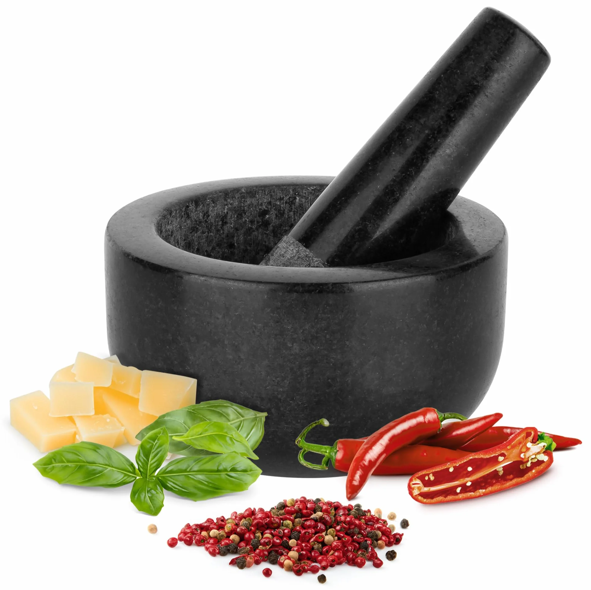 H&S Mortaio con Pestello in Granito - Ø 12 x 7 cm - Mortaio per Pesto - Utensili Cucina per Tritare Noci e Erbe Aromatiche - Stabile con Piedini Antiscivolo e Antigraffio - Nero