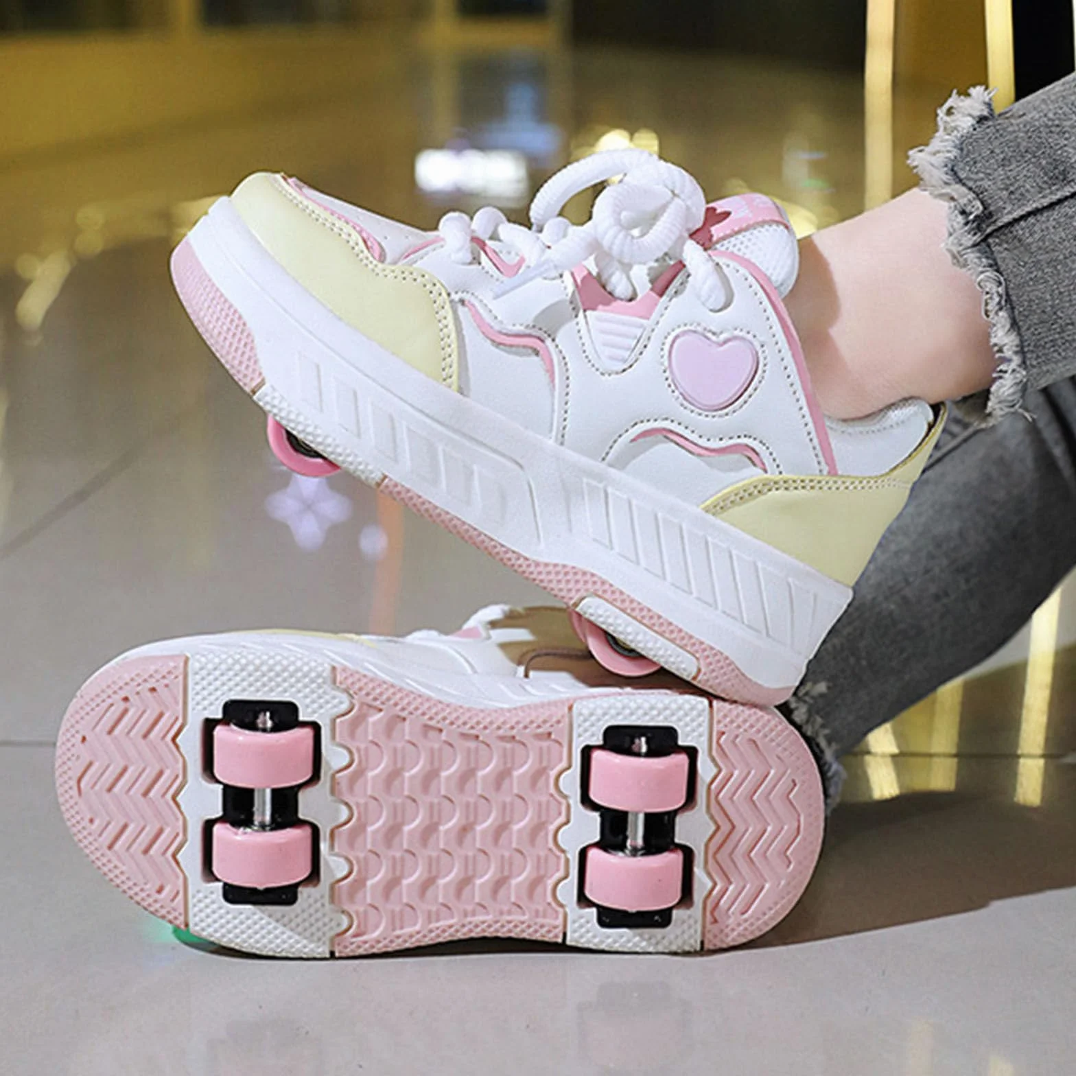 Surwin Scarpe con Rotelle Bambino 2 in 1 Sneaker Cuore d'Amore con Ruote Unisex Traspirante