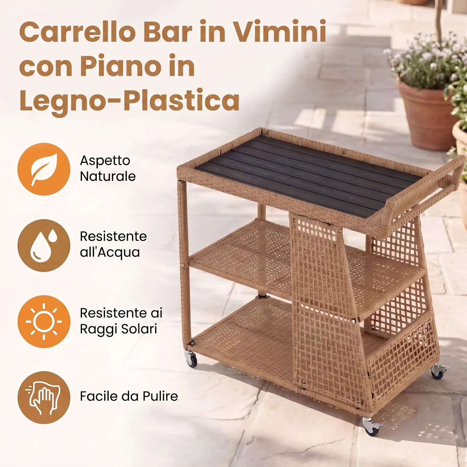 SOARS Carrello Bar in Rattan, Carrello Portavivande con 3 Ripiani Aperti e 4 Ruote, Maniglia Ergonomica, Moderno Carrellino Servizio Esterno Interno per Giardino, Terrazzo, Cucina, 98 X 54 X 92 CM