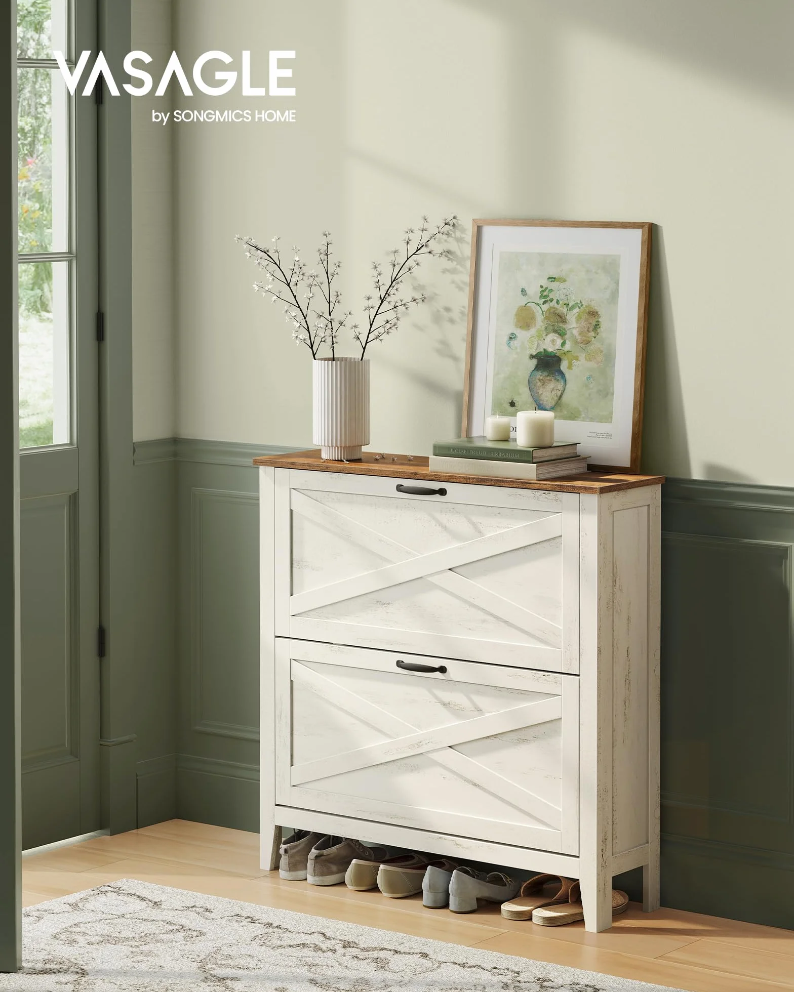 VASAGLE LIRY Collezione Scarpiera con 2 Scomparti a Ribalta Slim Bianco Vintage