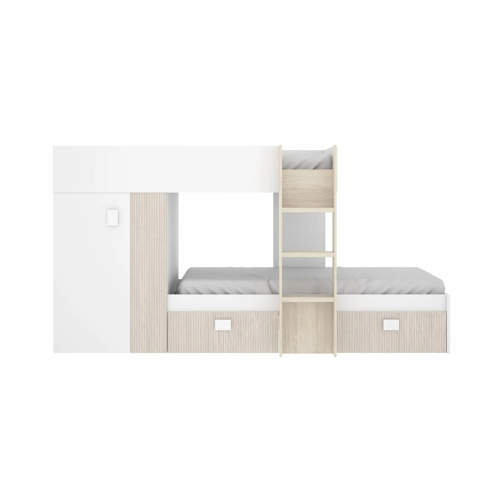 Dmora - Letto per bambini Cevedale, Cameretta completa con armadio e cassetti, Composizione letto a castello con due lettini singoli, 271x111h150 cm, Bianco e Rovere