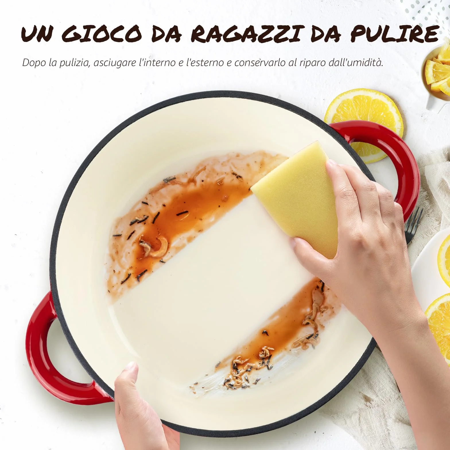 Overmont Casseruola in Ghisa Smaltata - Antiaderente Forno Olandese con Coperchio - Ø26 CM Rotonda Cocotte per Adatto a Piani di Cottura e Forni a Induzione - Rosso