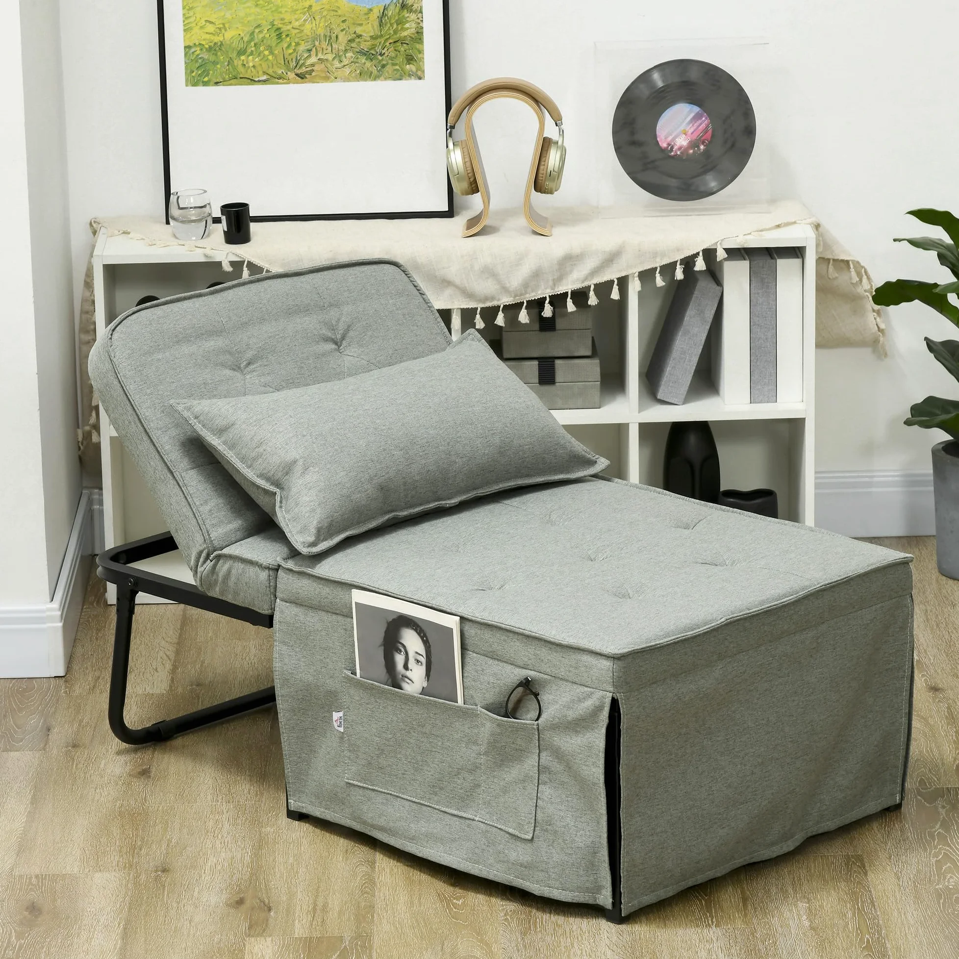 HOMCOM Poltrona trasformabile 4 in 1 con schienale reclinabile in 5 posizioni, cuscino e tasca portaoggetti - 180 x 64 x 40 cm - grigio chiaro