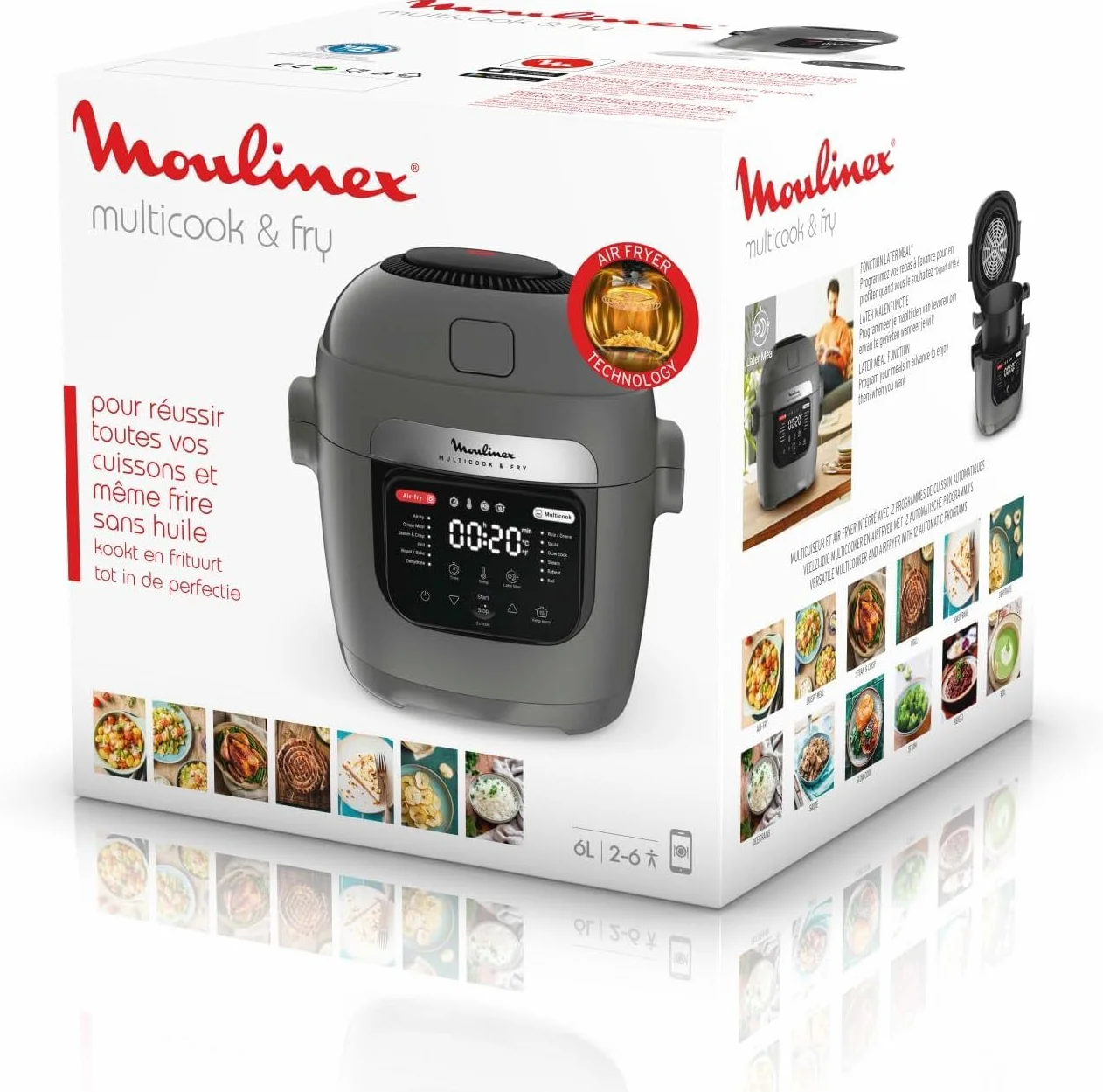 Moulinex Multicook & Fry MZ730BF0 Multicooker e friggitrice ad aria, 12 programmi, cottura 2 piani, 6 L, grigio