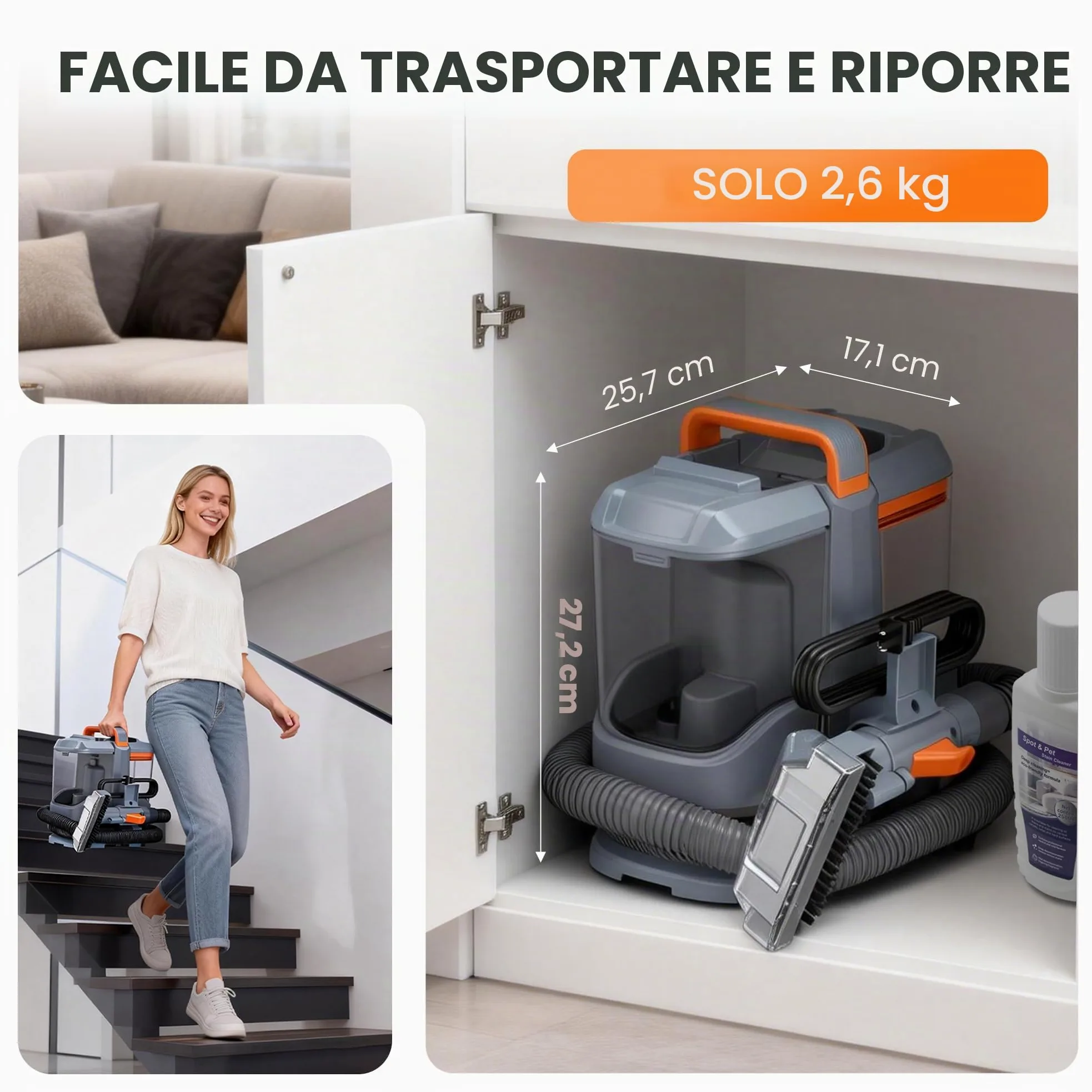 Lavatappeti 450W 13kPa, Lava Tappezzeria e Aspira per Divano, Tappeti e Auto, con 3 Spazzole e Sistema a Doppio Serbatoio Autopulente, Portatile Leggero 2,6kg