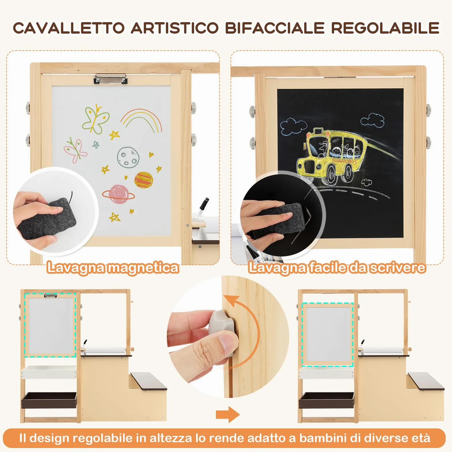 COSTWAY Set 3 in 1 Tavolo e Sedie per Bambini 3+ Anni, Tavolo in Legno Sicuro con Lavagna Cancellabile, Magnetica, Cavalletto Regolabile, Libreria e Accessori Artistici, per Disegno (Caffè)