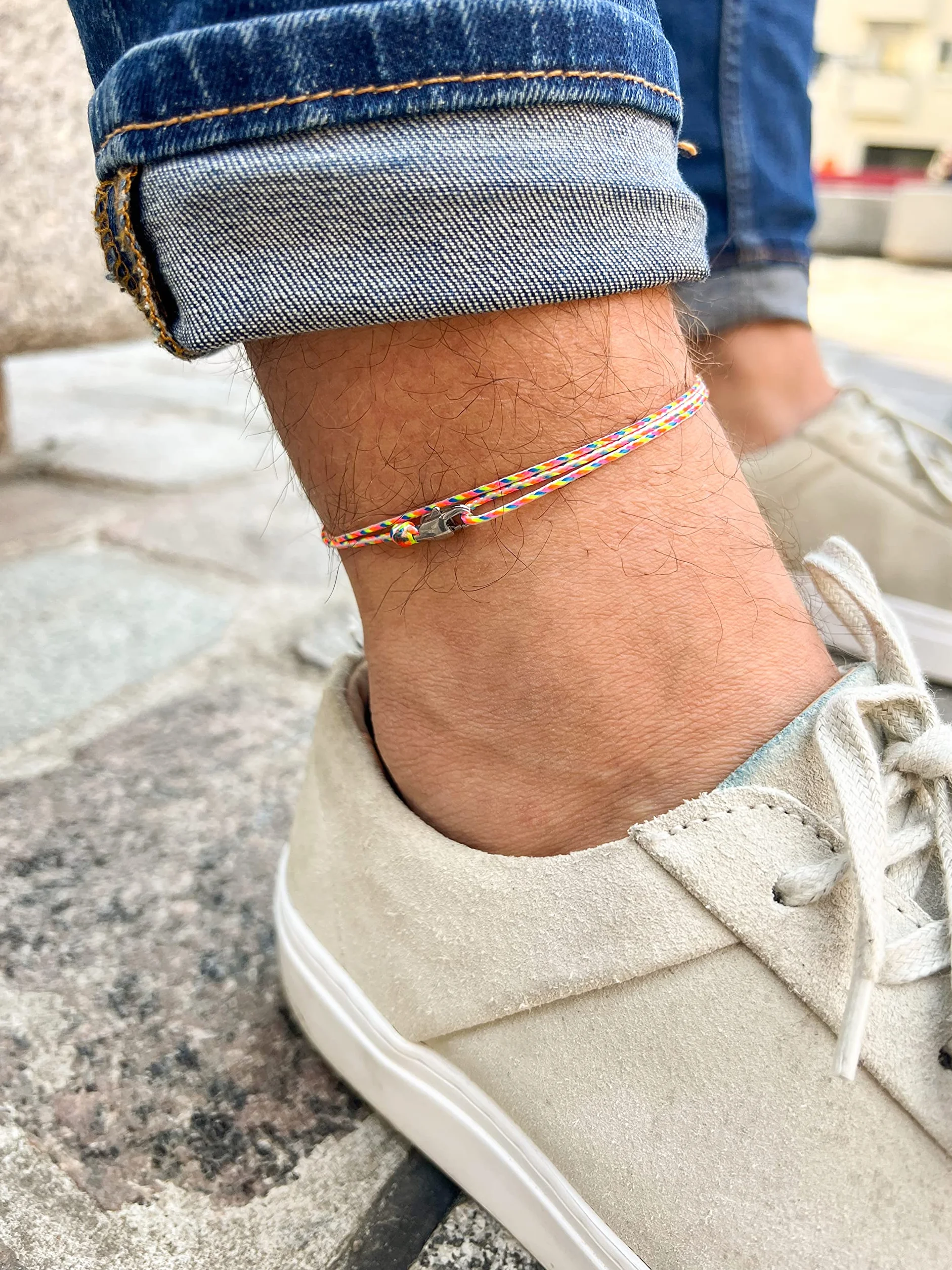 Cavigliere Sottile Unisex Con Chiusura a Clip Fatta a Mano - Gioielli Da Surfista In Tessuto Minimalista Impermeabile Regolabile (Argento retrò)