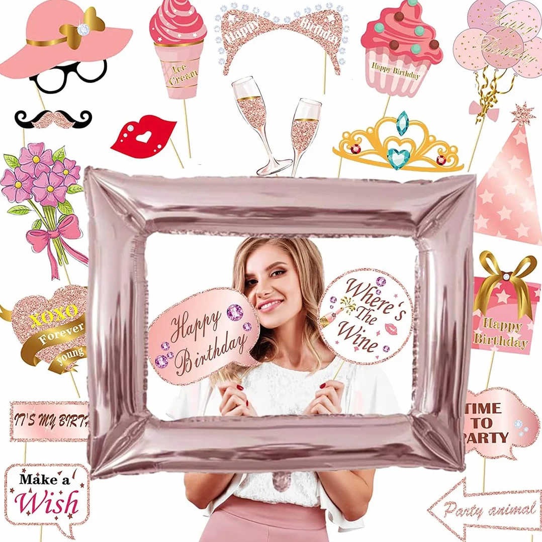 34 pz Photo Booth Compleanno, Accessori , Oro Rosa Foto Props, Cornice Selfie Gonfiabile, Gadget,per Addobbi Donna