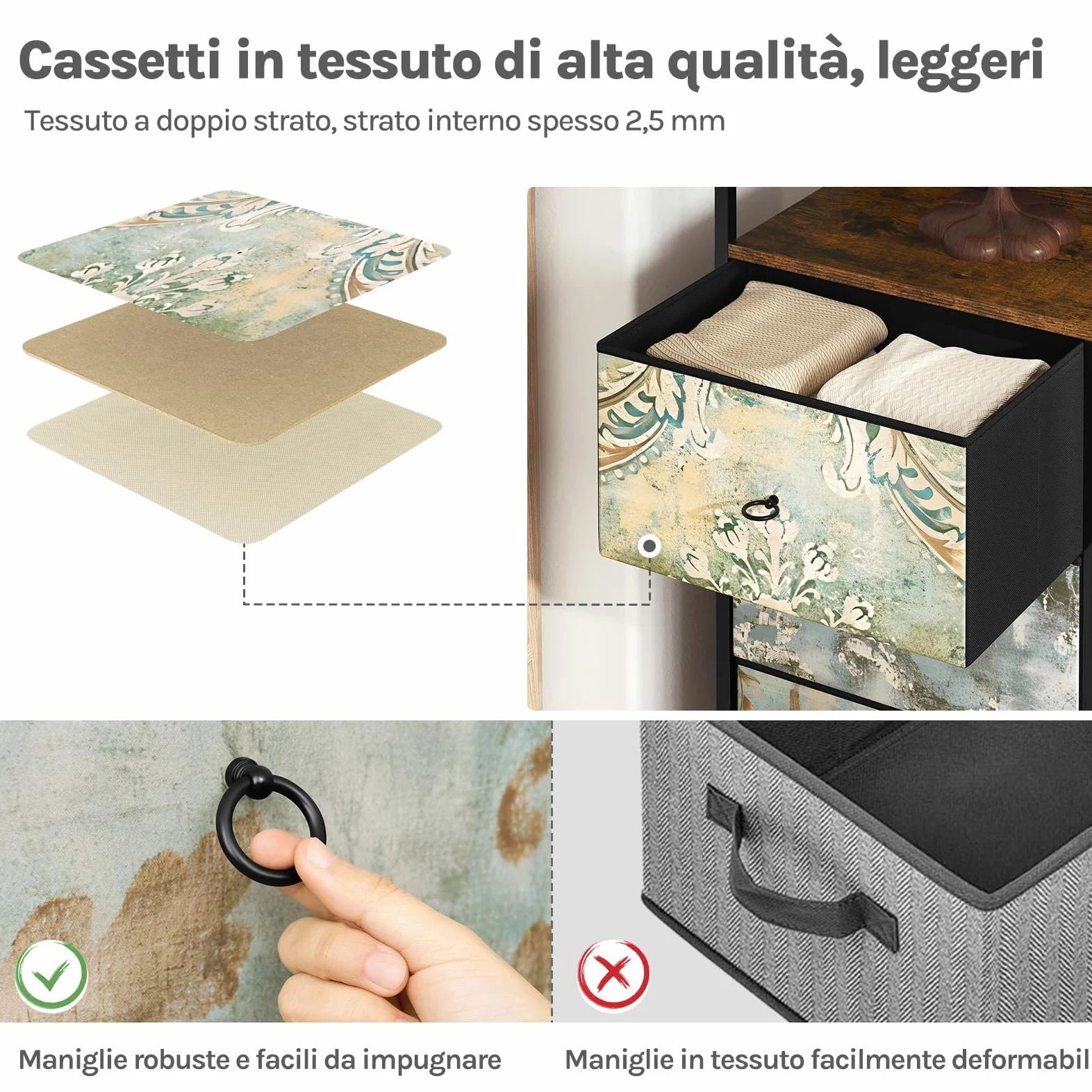WOLTU Cassettiera a 8 Cassetti in Tessuto, Cassettiera per Camera da Letto, con Sezione di Ricarica e Ganci, Piani Legno e Struttura in Metallo, Marrone Rustico+Nero