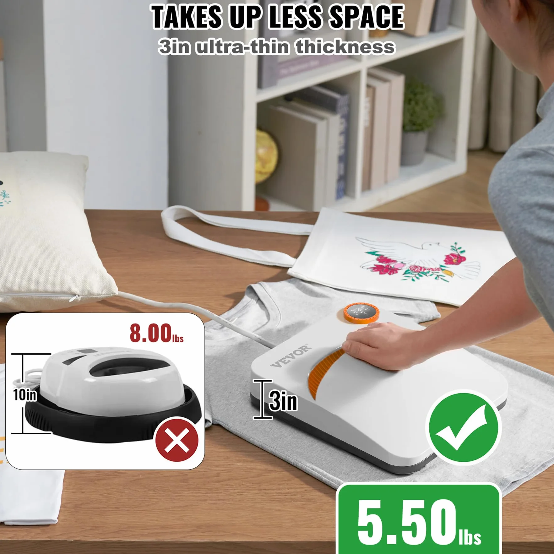 VEVOR Pressa di Calore Portatile 22,8 x 22,8cm 670W per T-shirt Hobbista Fai-da-te, Pressa a Caldo Portatile Piastra Termica 22,8x22,8cm Temperatura 40-205℃, Termopressa Uso Domestico 2,5 kg Fai-da-te