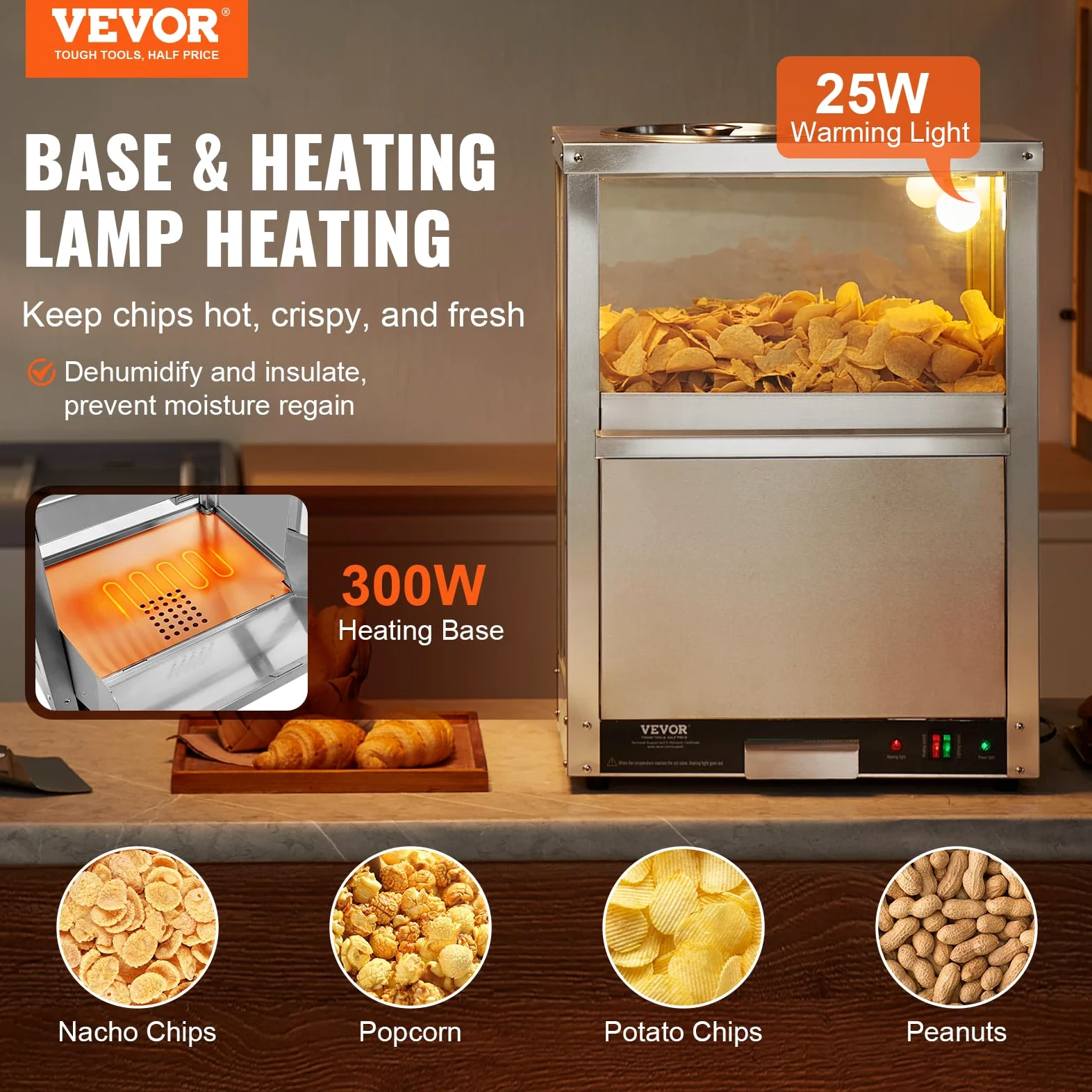 VEVOR Scalda Patatine Nacho Commerciali, Macchina Scalda Patatine 80 L con Base Riscaldante Luce Riscaldante, con Pannello Deflessione, Acciaio Inox, per Patatine Nacho, Popcorn, Patatine fritte