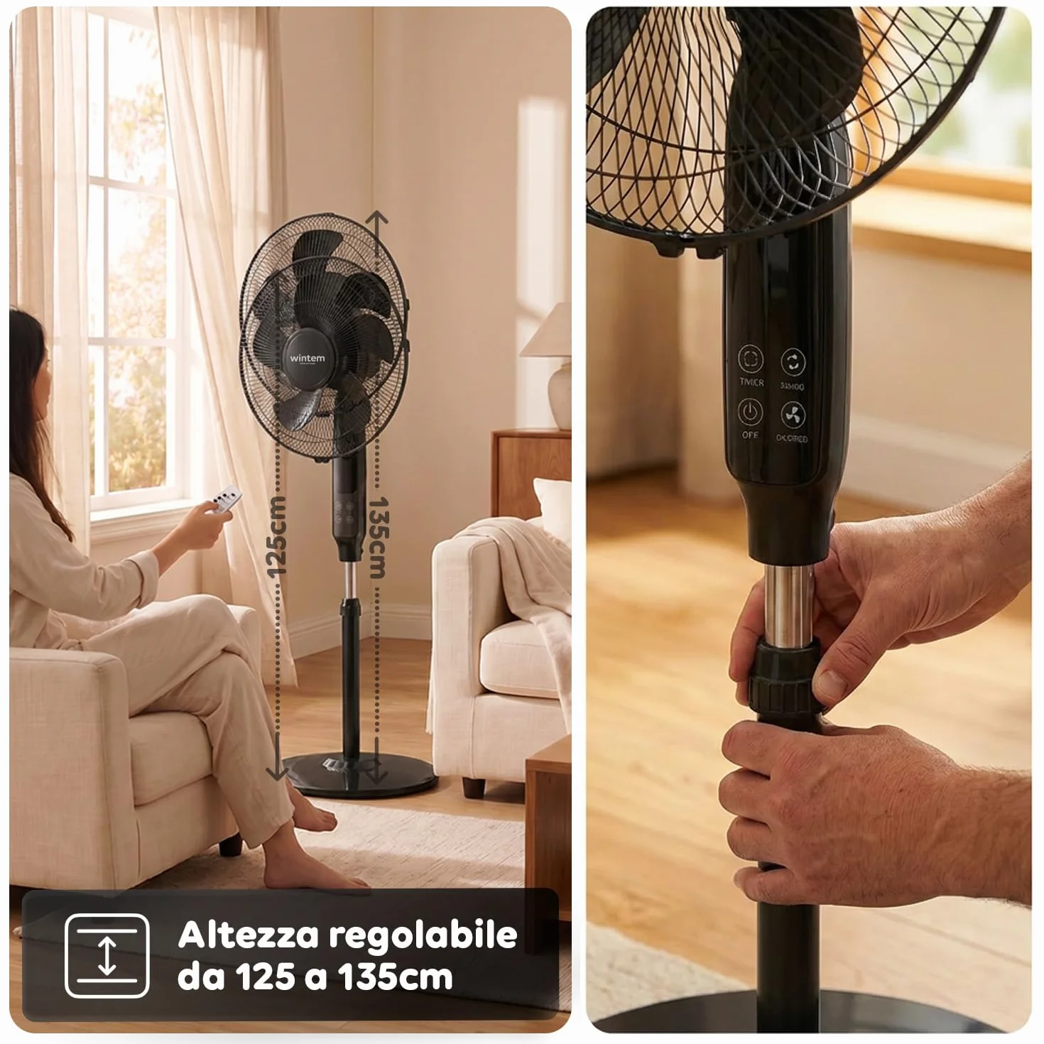 Wintem - Ventilatore a Piantana 40 cm con Telecomando – Altezza Regolabile da 125 a 135 cm – 6 Velocità, Timer 7,5H e Comandi Touch – Piantana Silenziosa 40W (Nero)