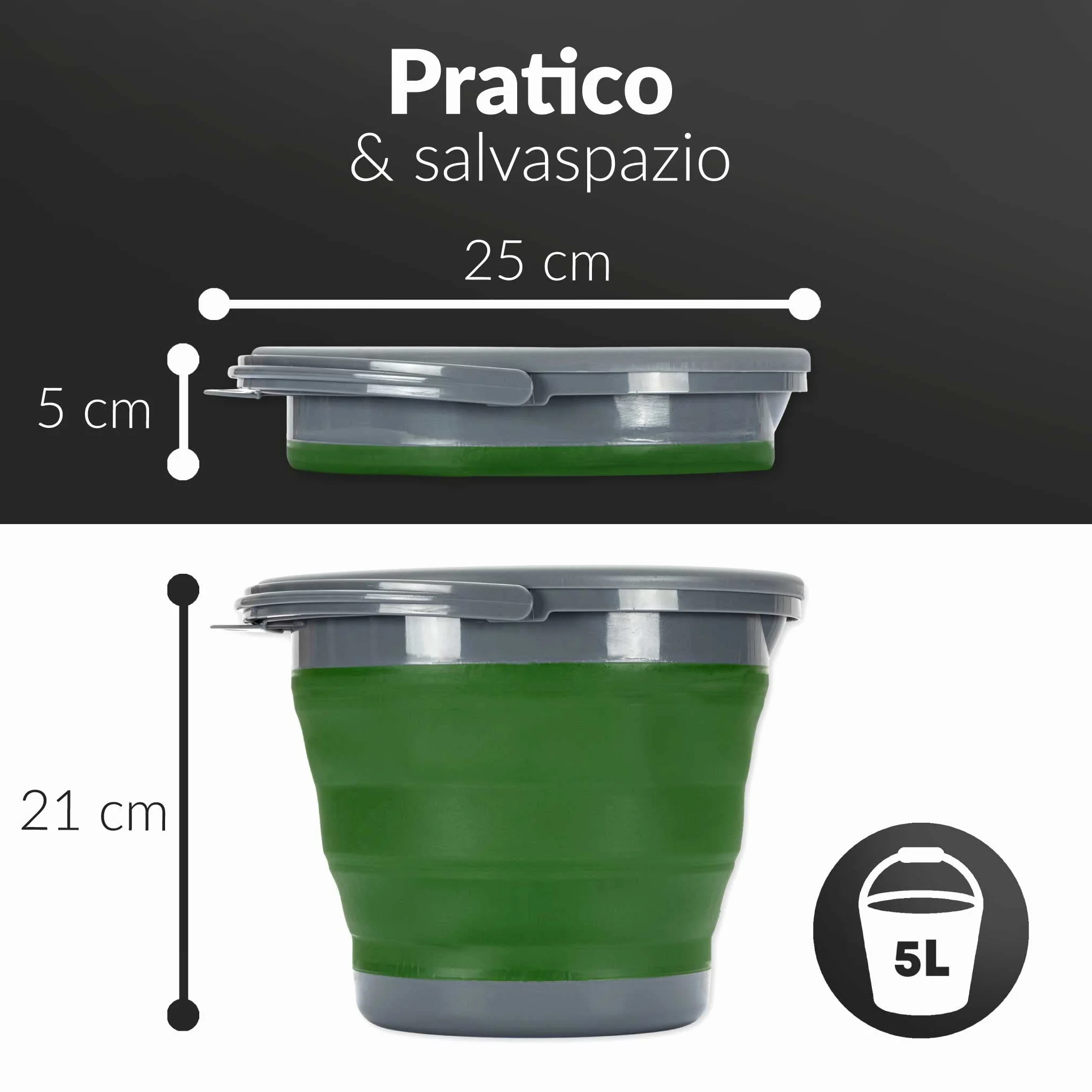 Secchio Pieghevole 5 Litri con Coperchio e Manico | Secchio 5l in Plastica e Silicone per Campeggio, Pesca, Pulizia, ecc. | Richiudibile & Salvaspazio