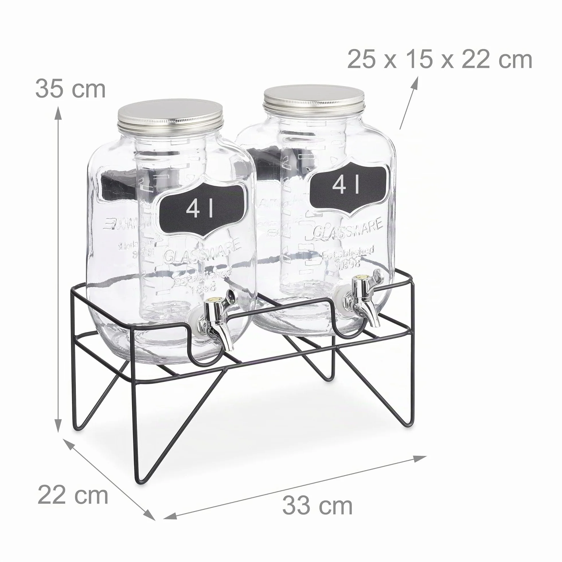 Relaxdays 2 Dispenser Vetro 4 L Rubinetto Supporto Distributore Acqua Limonate