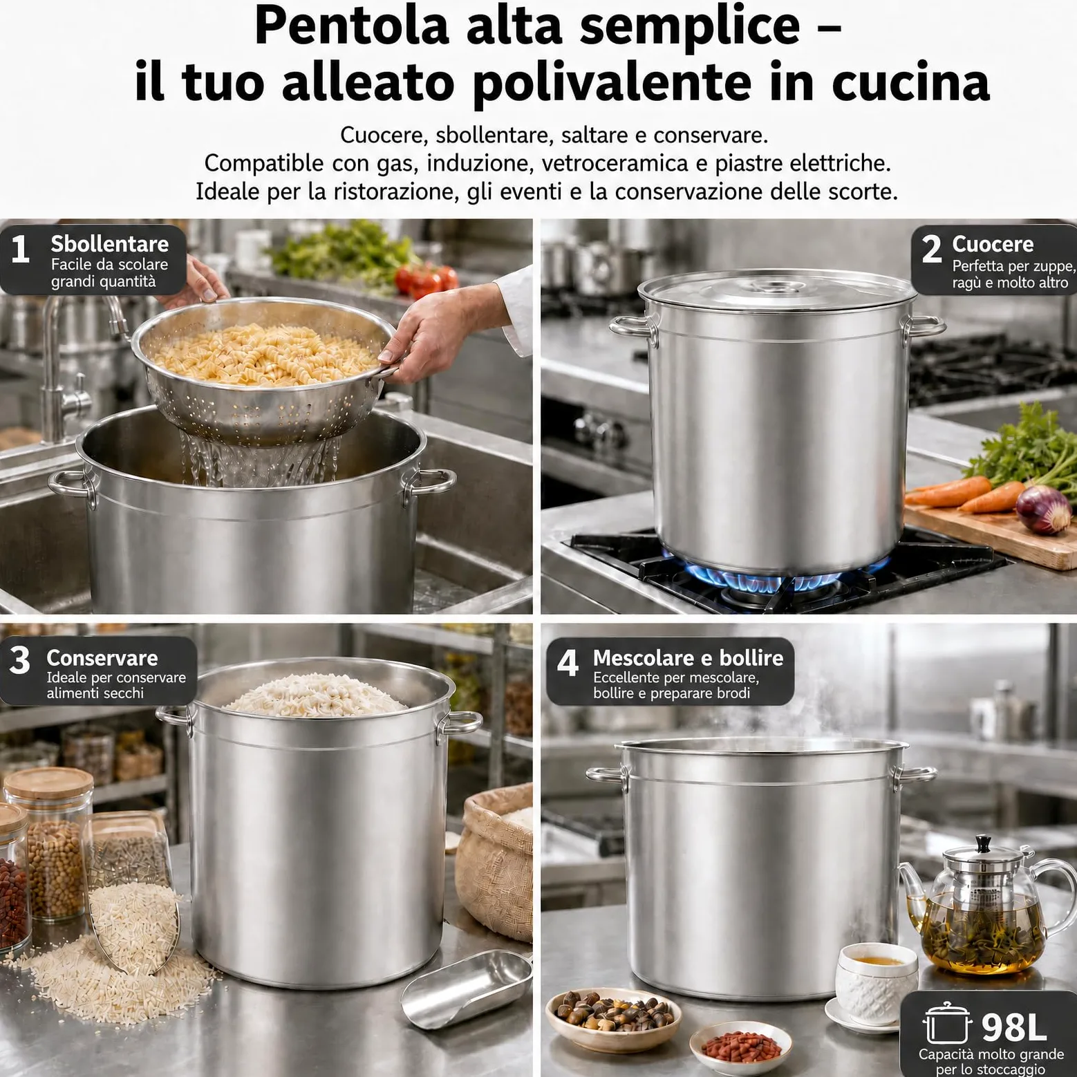 Pentola per zuppa in acciaio inox, 98 l, grande con manici e coperchio per lavandino, Ø 51,5 cm, altezza: 50 cm, in acciaio inox, grande per tutti i piani cottura e le grandi cucine