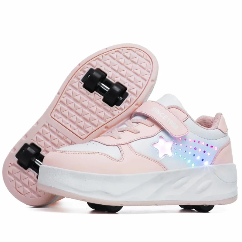 Scarpe con Rotelle per Bambini 2 in 1, Scarpe da Skateboard Sportive con 4 Ruote Rimovibili, Pattini Unisex Sneakers Moda