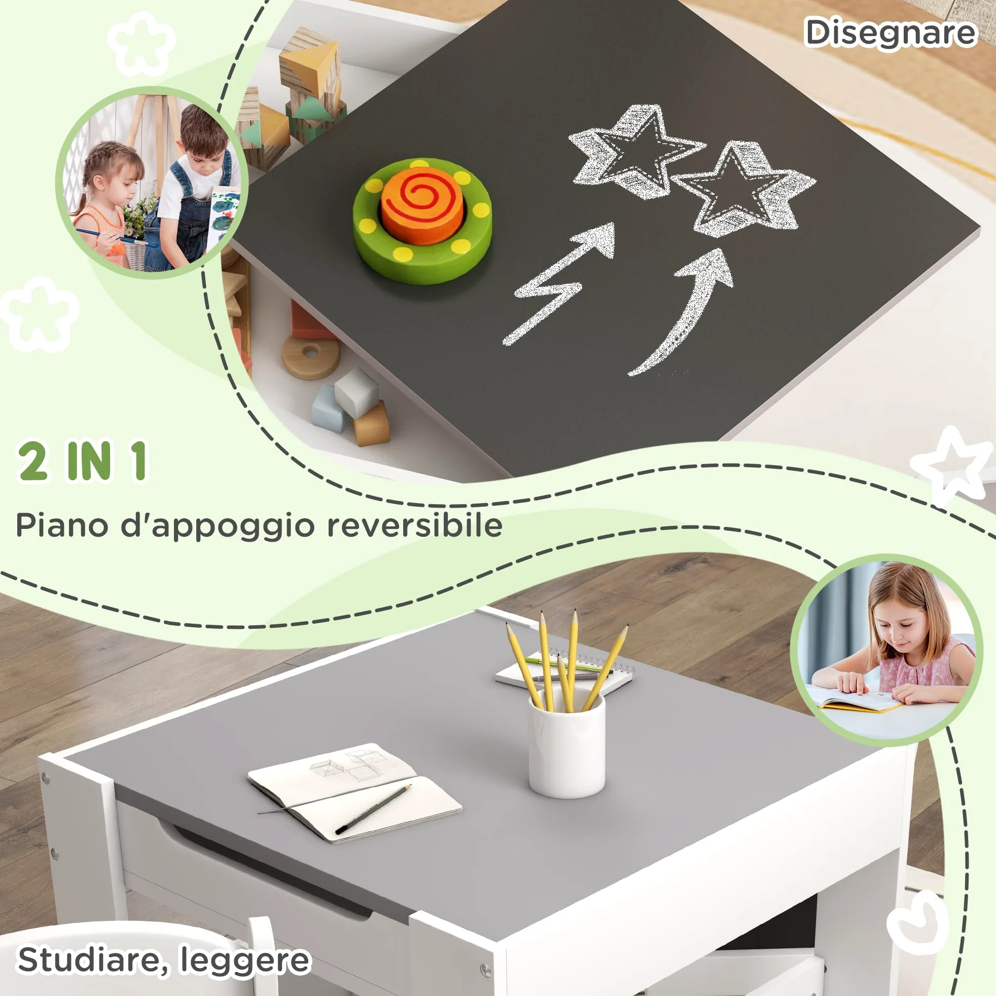 HOMCOM Set Tavolino per Bambini e 2 Sedie, Piano del Tavolo 3 in 1 con Lavagna, Contenitori e Vano Libreria, Grigio