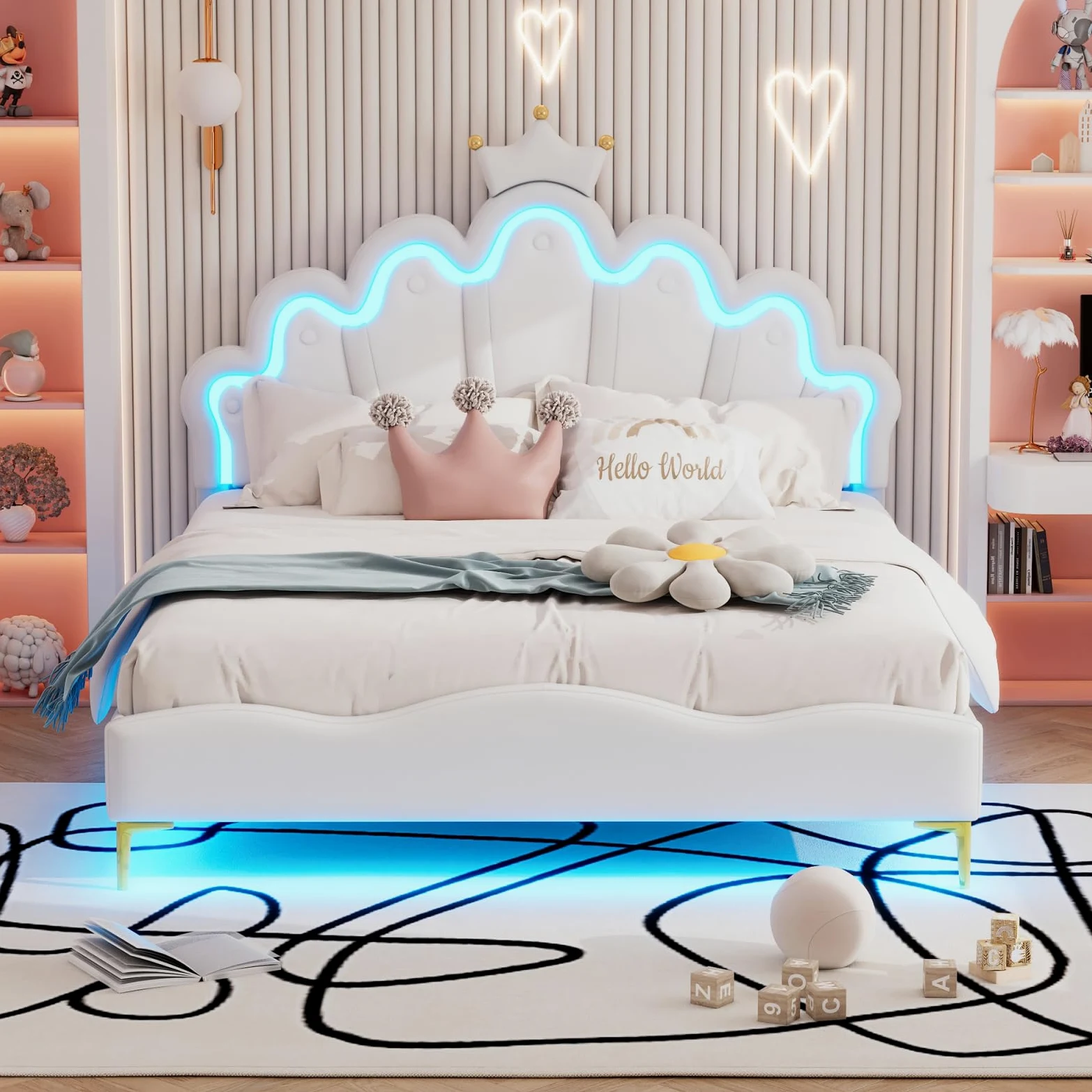 Letto per bambini imbottito 140x200 cm con LED, letto doppio per ragazza adolescente, testiera regolabile in altezza, design a forma di corona, rete a doghe, PU, senza materasso (bianco LED