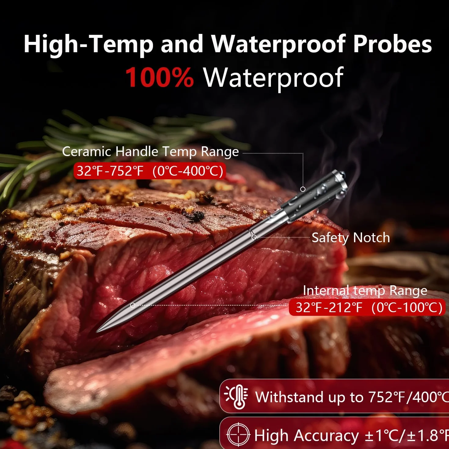 BFOUR Termometro per carne senza fili con 2 sonde, termometro per arrosti Bluetooth, digitale senza fili, per barbecue, controllo APP, precisione ± 0,5 ℃, termometro impermeabile per lavastoviglie