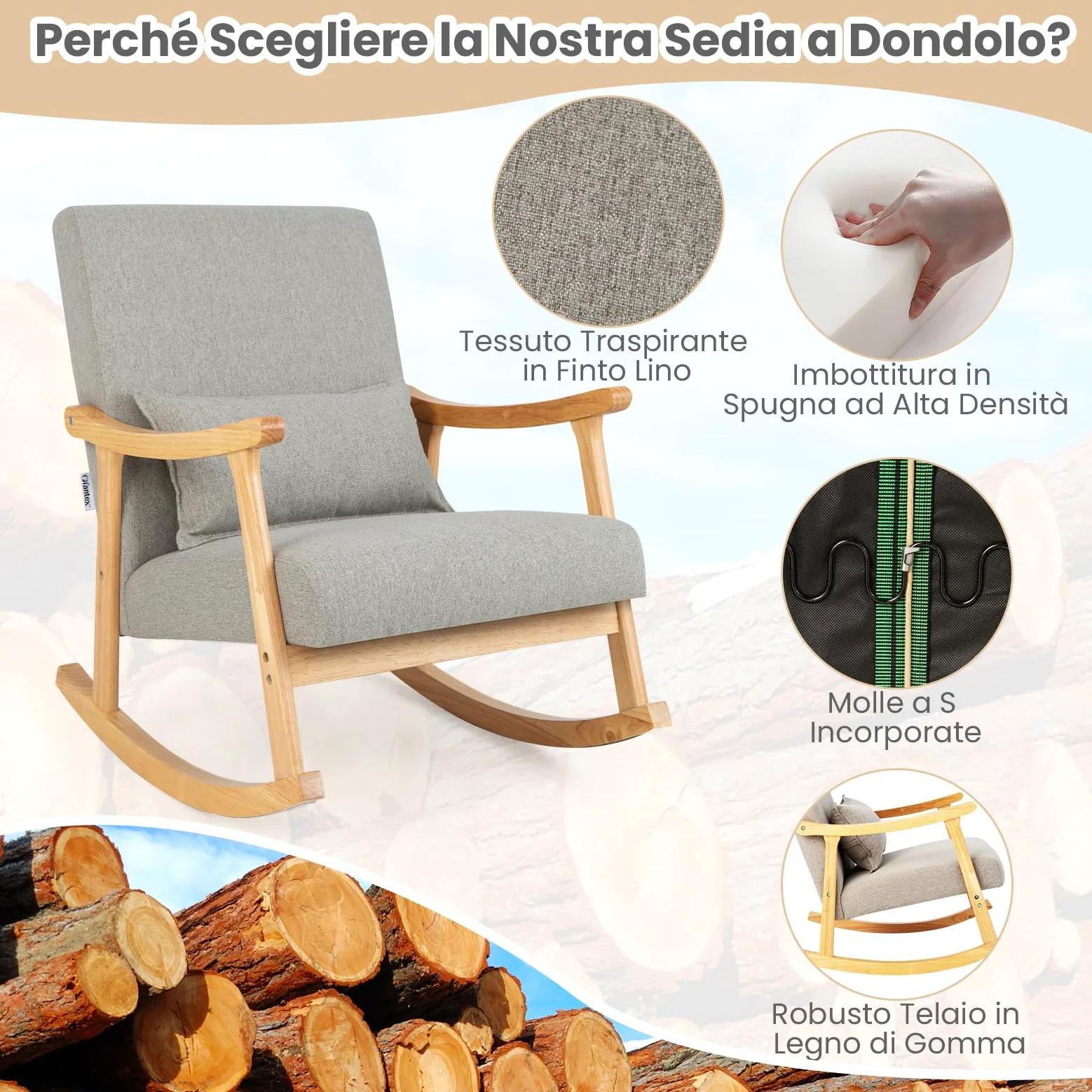 COSTWAY Sedia a Dondolo con Cuscino, Poltrona Dondolo Interno Ergonomica con Schienale Alto, Seduta Imbottito, in Legno di Gomma, per Soggiorno e Camera da Letto (Grigio)