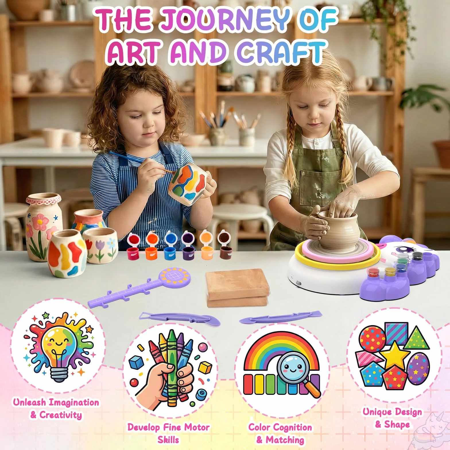 Tornio per Ceramica Bambina 3+ Anni, Fai Da Te Pottery Wheel Kit con Argilla Autoindurente, Lavoretti Creativi per Bambini