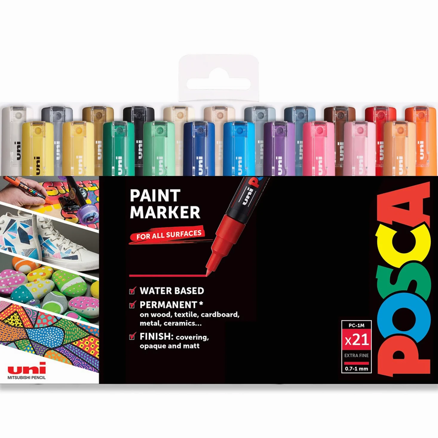 Posca PC-1M - Pennarello indelebile a base d'acqua, multiuso, 0,7-1,0 mm, extra fine, gamma completa di 21 colori, in confezione regalo