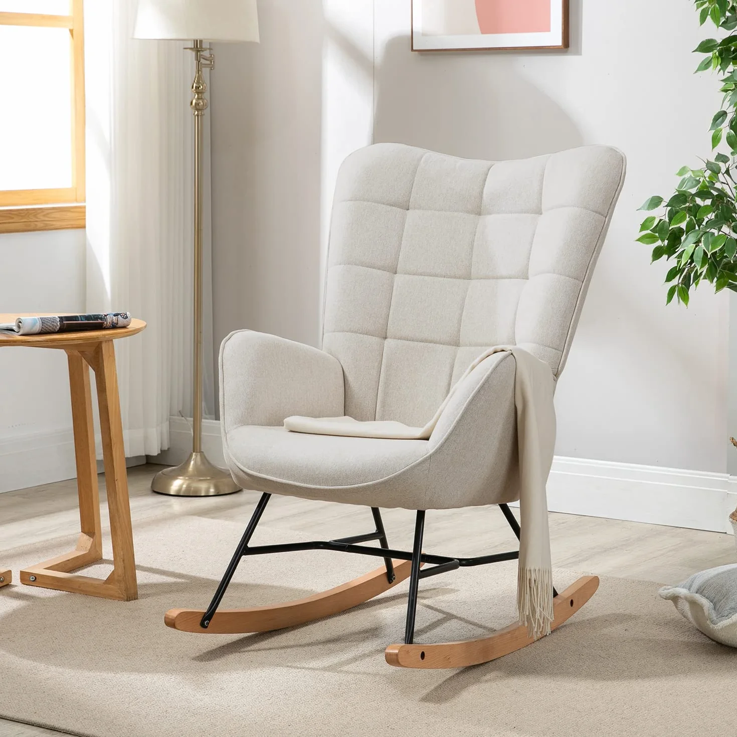 MEUBLE COSY Sedia a Dondolo Poltrona Imbottita Relax con Braccioli Schienale Alto per Soggiorno Cameretta in Tessuto con Gambe in Legno