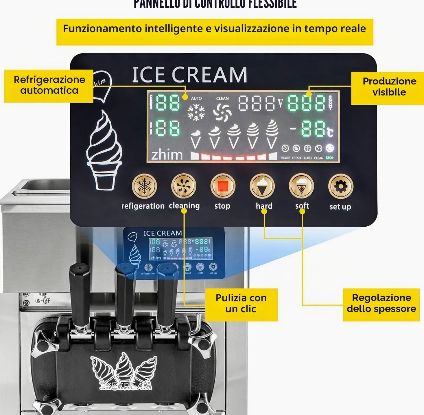 Macchina per Gelato Commerciale 18L/H 3 Sapori, 1200W macchina gelato soft professionale, Pannello LCD, Pre-Raffreddamento Pulizia Automatica, per Yogurt Caffè Snack-Bar Ristorante