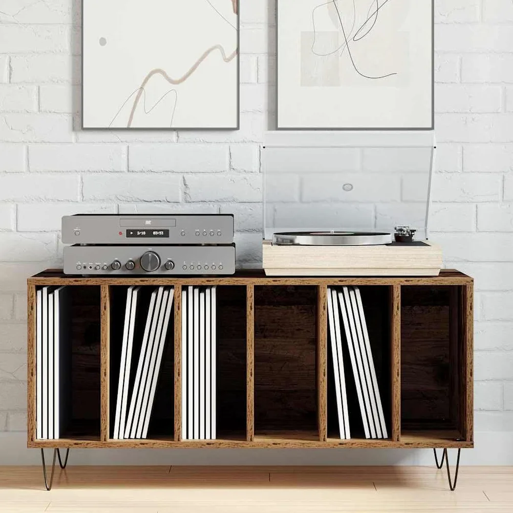 Armadio per dischi in legno anticato, 100 x 38 x 48 cm, con 6 ripiani e gambe in acciaio, per soggiorno, conservazione e ordine di vinile, CD, DVD, ricevitori, router