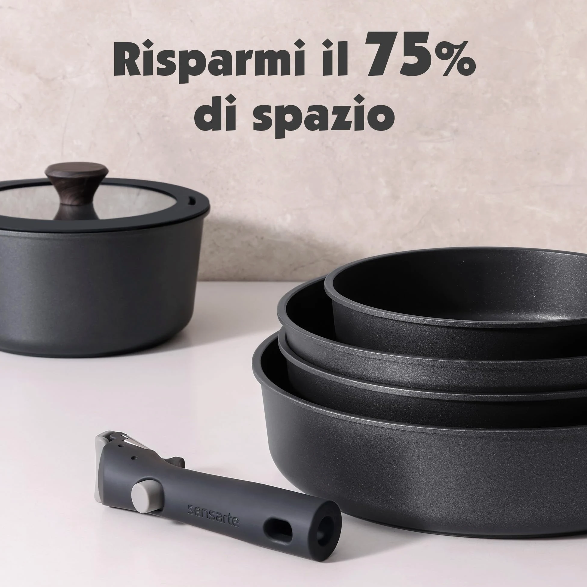 SENSARTE Set di Pentole 17 Pezzi con Manici Rimovibili, Antiaderente in Granito, Compatibile con Induzione e Gas, Include Padelle, Casseruole e Grill, Impilabile e Lavabile in Lavastoviglie