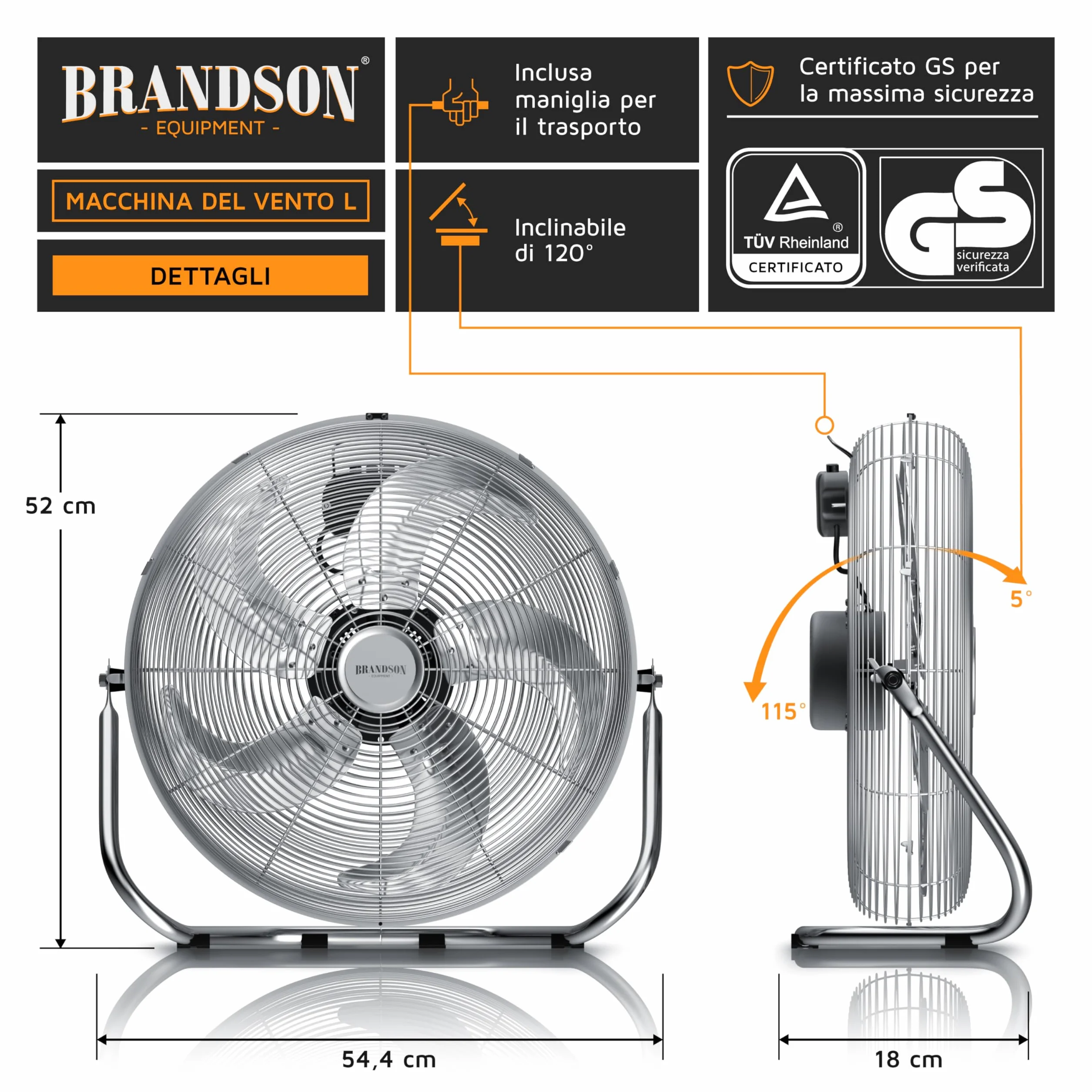 Brandson - Macchina del vento - L'originale Super ventilatore - Largo 53,5cm - 3-livelli di potenza - 120W di potenza max assorbita - Design Retro - Cromo