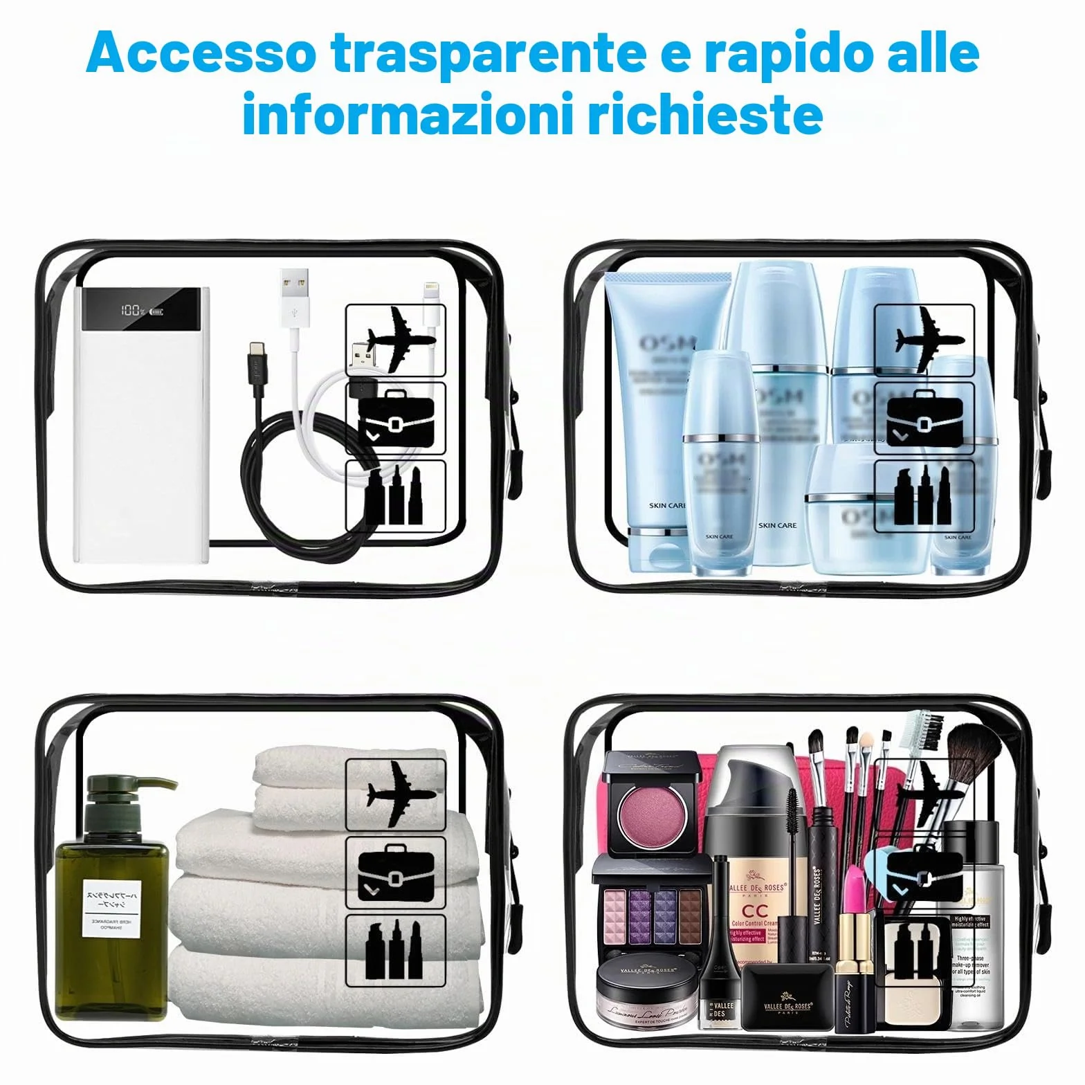 Borse da Valigia Trasparente Impermeabili con Zip per Liquidi, 2 Pezzi, Nero