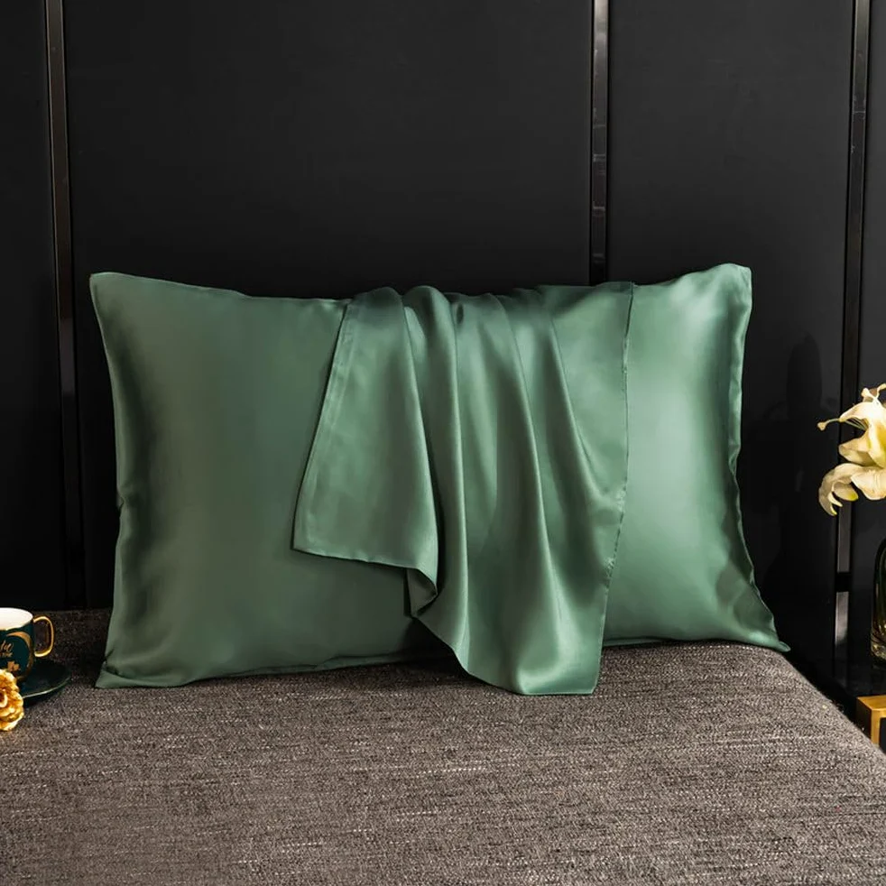 Set di 2 federe per cuscini in seta di gelso, tinta unita, design a busta, verde, 50 x 70 cm, biancheria da letto lussuosa per un sonno confortevole, federe morbide e traspiranti