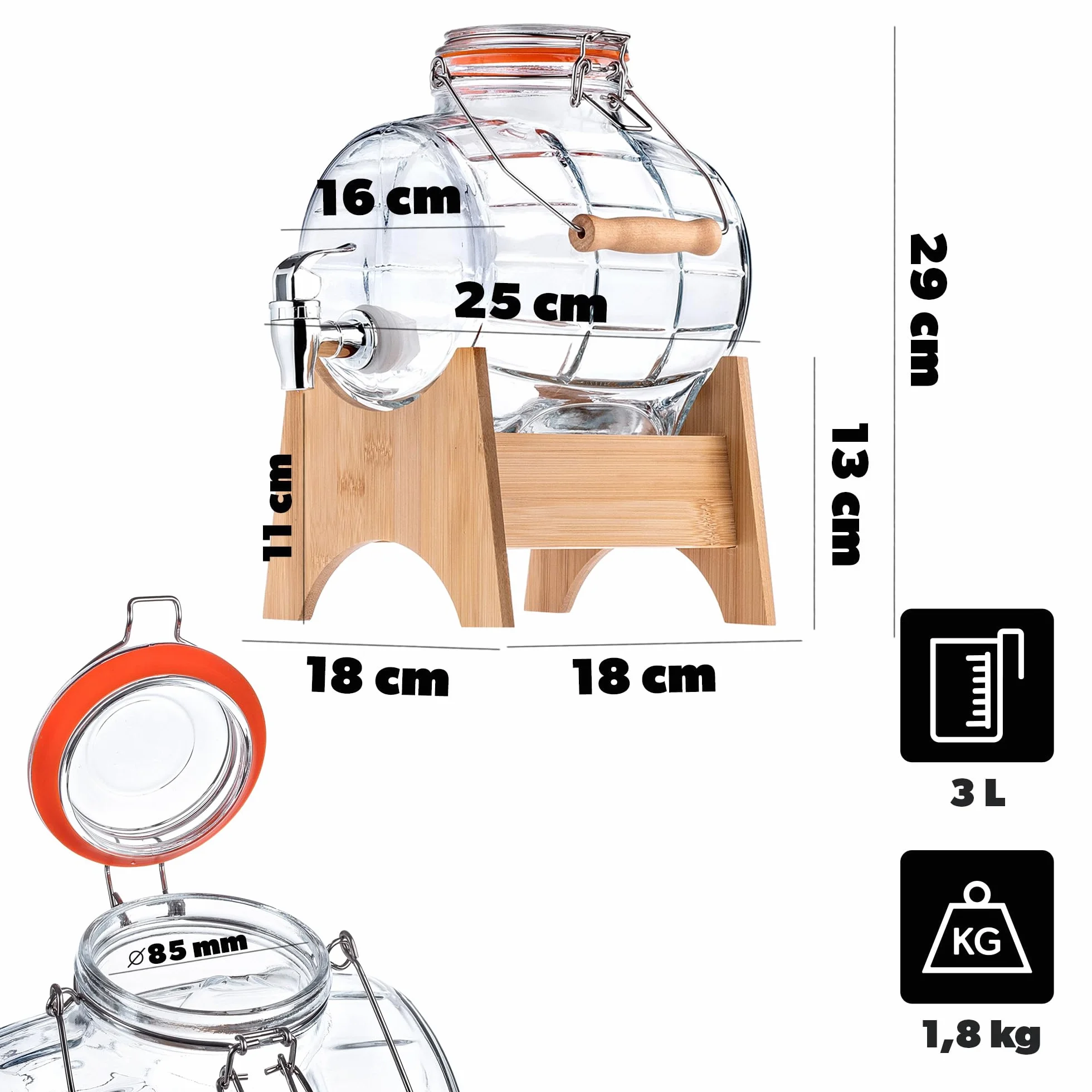 KADAX Barile con Rubinetto, Dispenser per Bevande in Vetro trasparente con Base in Legno (3 l)