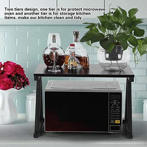 Wakects Mensola per Forno a Microonde, Allungabile Forno a Microonde, in Metallo e Legno, Ripiano della del Forno 2 Livelli Mensola Microonde, 57 * 34 * 36 cm(Nero)