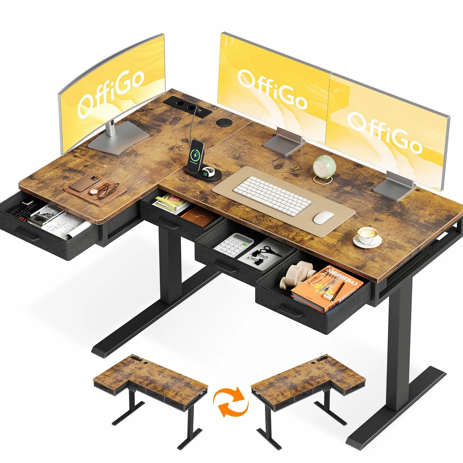 OffiGo Scrivania Angolo Regolabile in Altezza con Cassetti, 140cm, Marrone | Scrivania Angolare Regolabile con Presa per di ricarica USB, Standing Desk a L per Ufficio e Studio, porta Canalina Nascosta