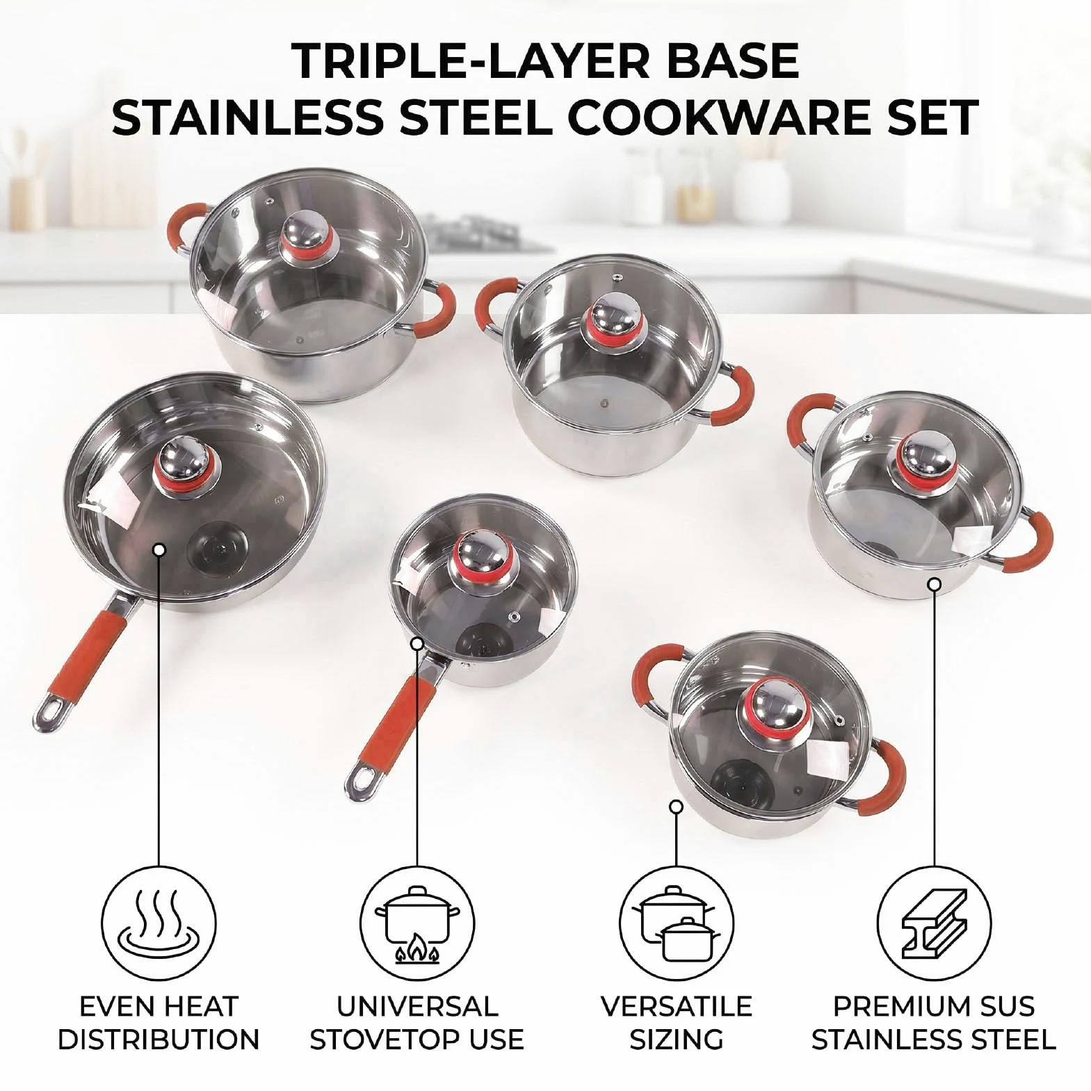 Fockety Set di pentole, set da 6 pezzi in acciaio inox con coperchi in vetro, base rinforzata a triplo strato per tutti i piani cottura, ideale per la cucinas di tutti i giorni (rosso)