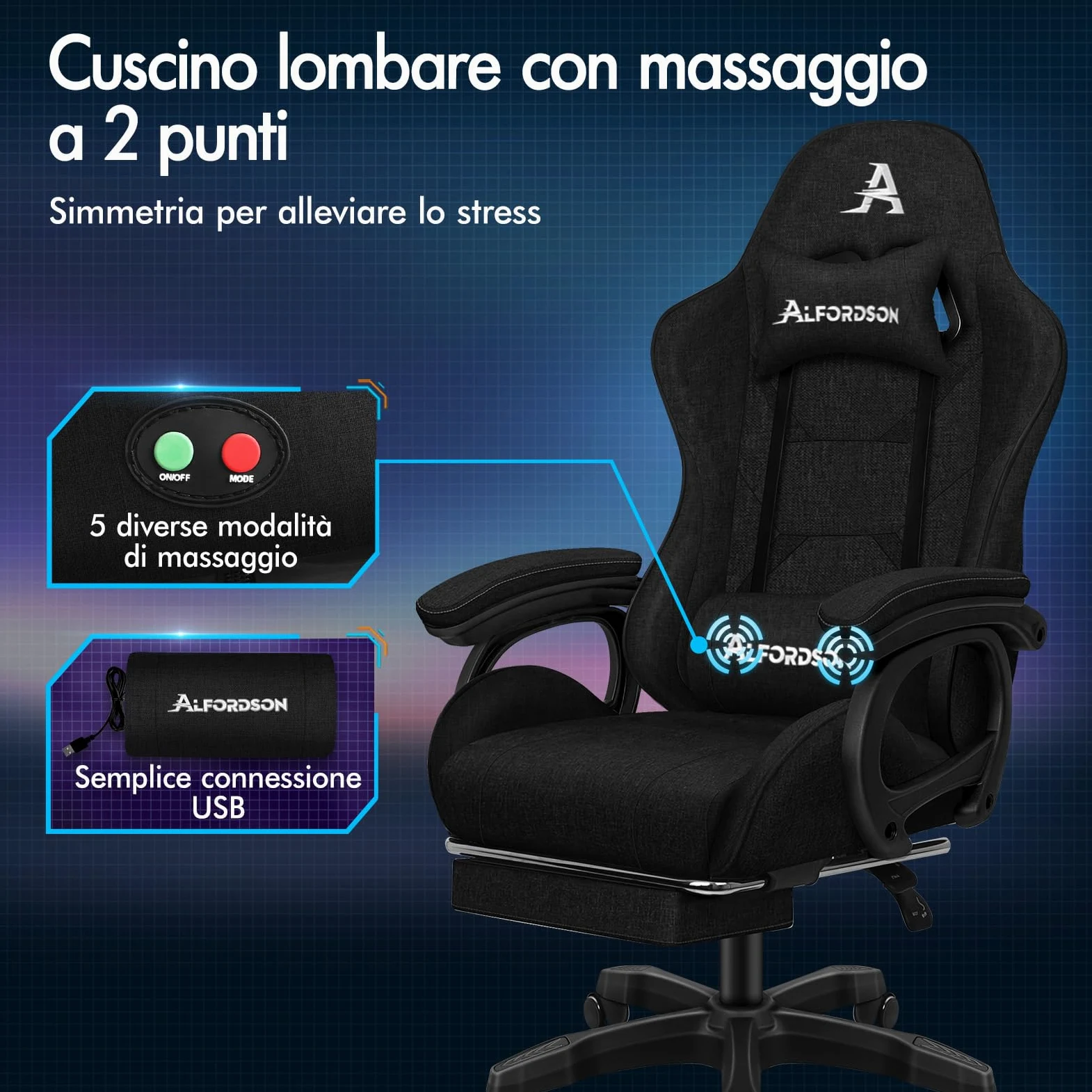 ALFORDSON Sedia da Gaming Massaggiante, Poggiapiedi Telescopico, Sedia Gamer con Cuscino Lombare & Poggiatesta, Ergonomico Sedie da Ufficio Schienale Regolabile 90-150°, Tessuto(Nera)
