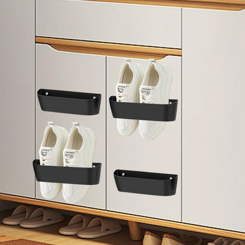 DASIAUTOEM Portascarpe da parete per camper, autoadesivi o per forare, organizer per scarpe da campeggio e camper, appendini per scarpe, mensola da parete in plastica, nero, set da 4 pezzi