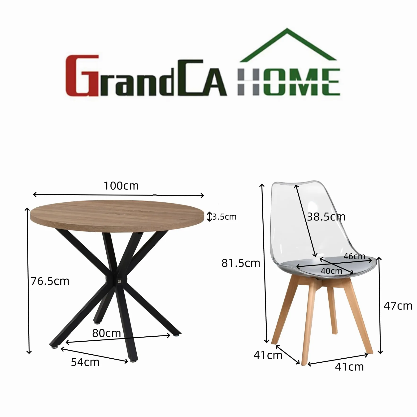 GrandCA HOME Tavolo da Pranzo con 4 Sedie, Tavolo da Pranzo Rotondo da 100 CM, Sedia da Cucina Imbottita Trasparente, Set Tavolo da Pranzo e Sedie (Chiaro + Grigio)