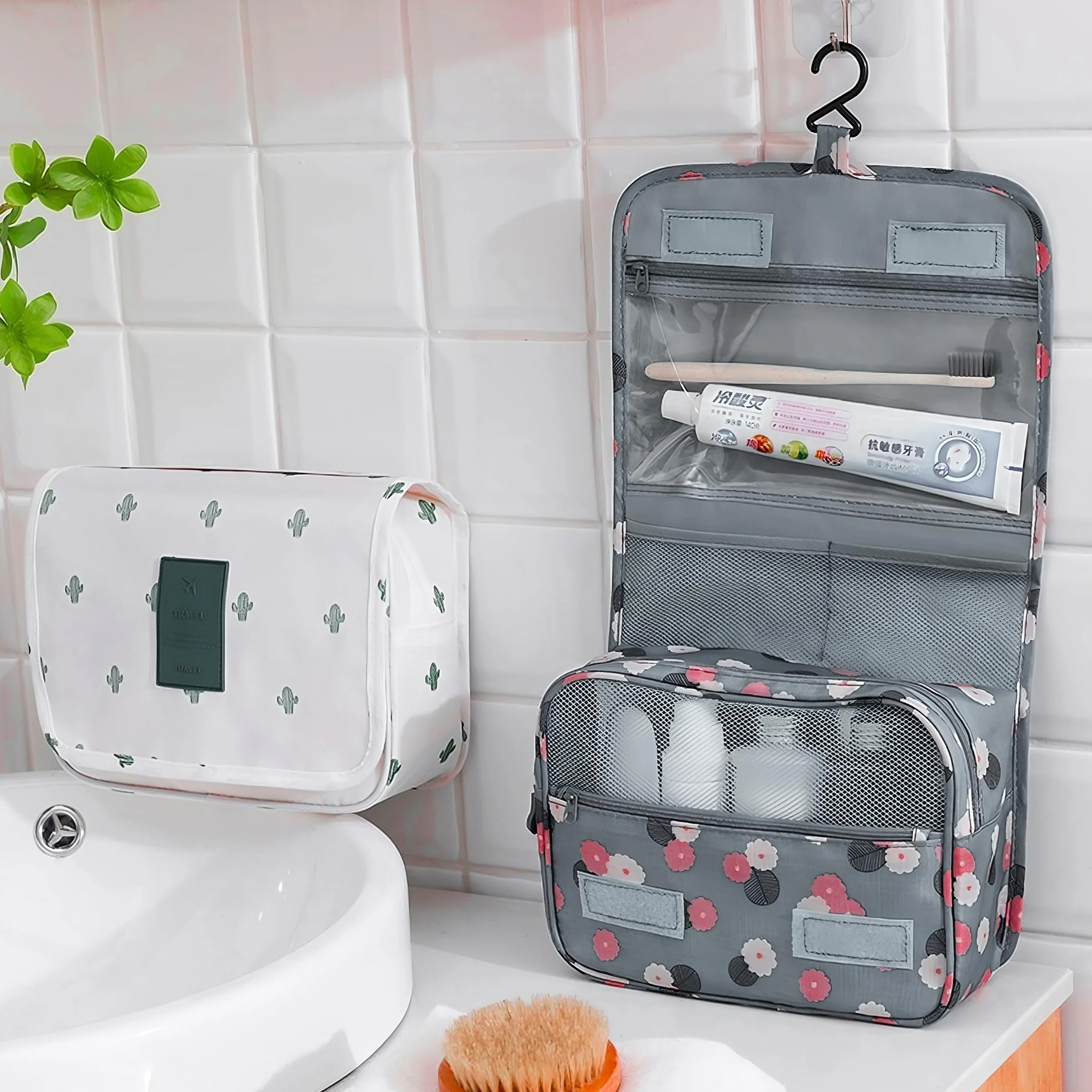 Retoo Beauty Case Donna Viaggio Impermeabile 24 x 9,5 x 19 cm Organizer Cosmetici Borsa con 6 Tasche Gancio Maniglia Tessuto Oxford Elegante Compatta Pieghevole Idea Regalo