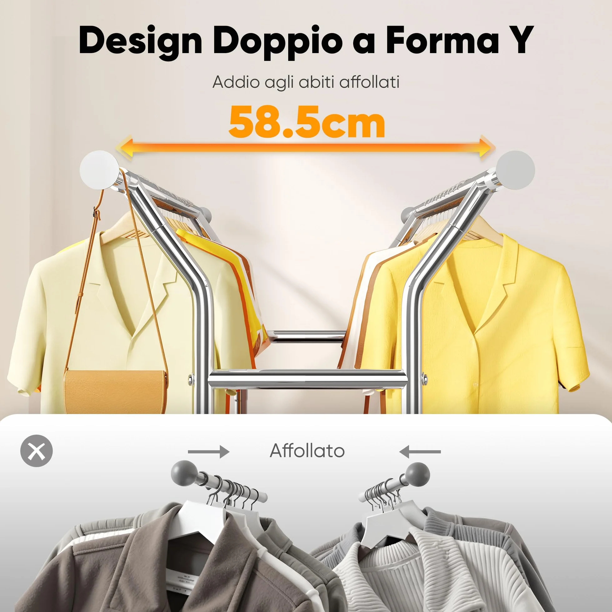 HOKEEPER Appendiabiti da Terra Resistente a Doppia Barra con Ruote, 283kg, con Cesta in Tessuto e Ripiano, Estensibile - Ideale per Camera da Letto, Boutique