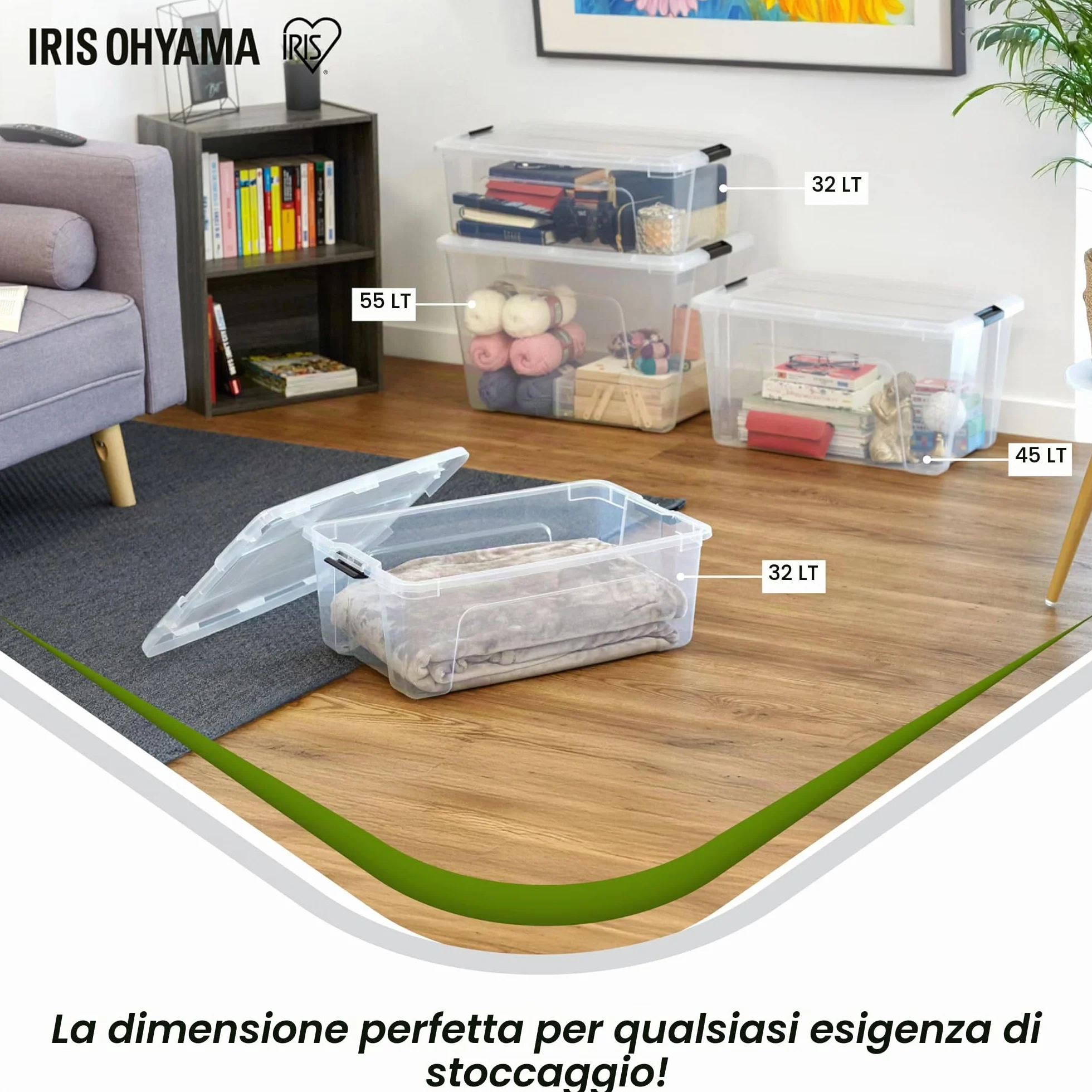 Iris Ohyama Scatola portaoggetti in plastica 55 l confezione da 3 trasparente impilabile