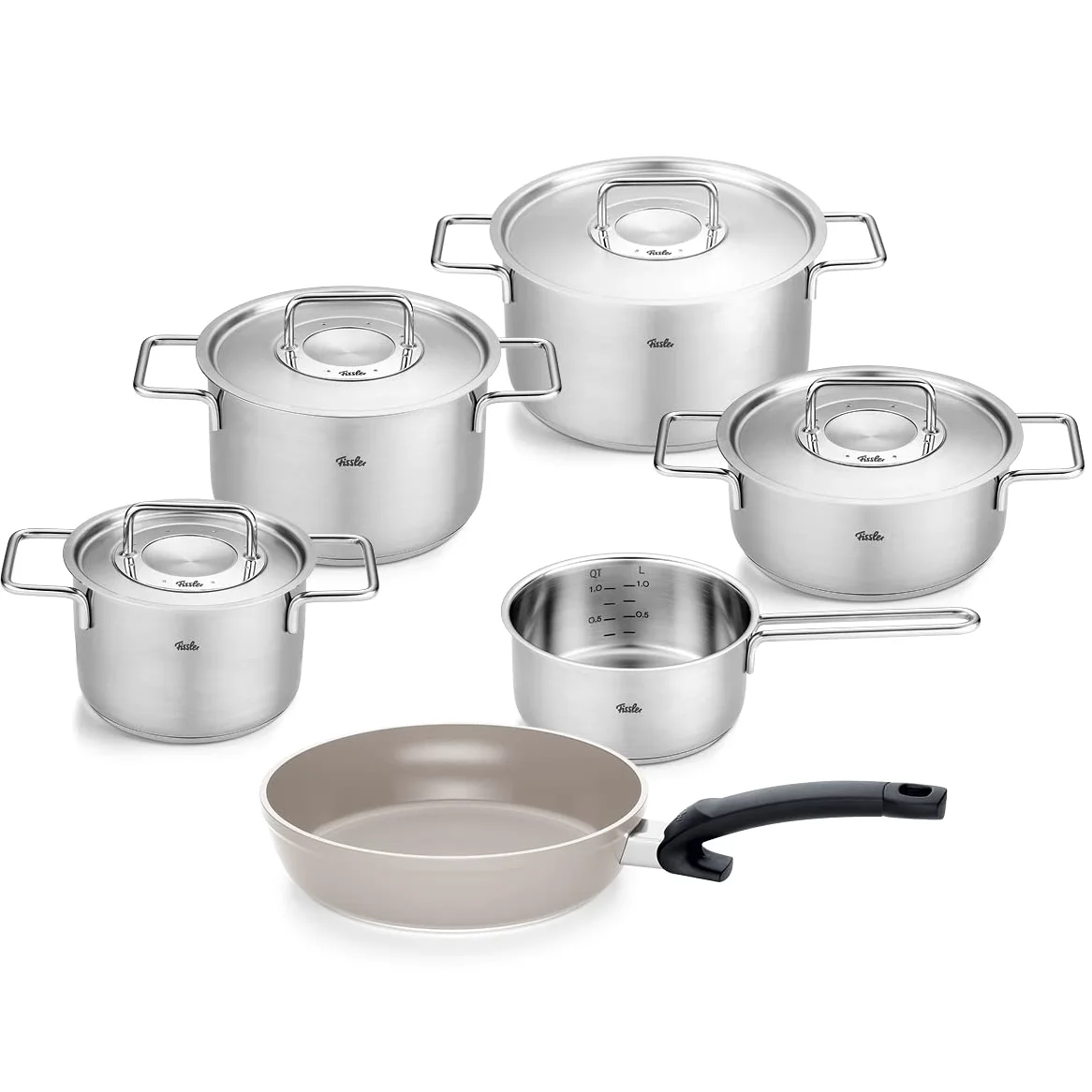 Fissler Pure Collection - Set di pentole in acciaio inox, 6 pezzi, pentole con coperchi in metallo (3 pentole, 1 padella, 1 casseruola, padella Ceratal Comfort 24 cm), compatibile induzione