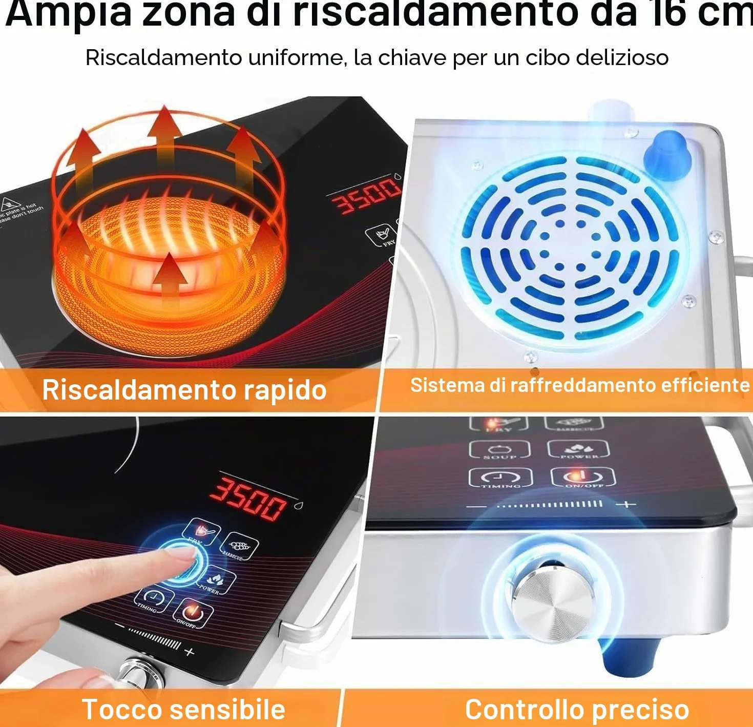 Piano Cottura in Vetroceramica 3500W Portatile 1 Piastra 41cm 29cm | Controllo Touch 4 Modalità 9 Livelli Potenza 1 Minuto a 3 Ore Funzione Timer