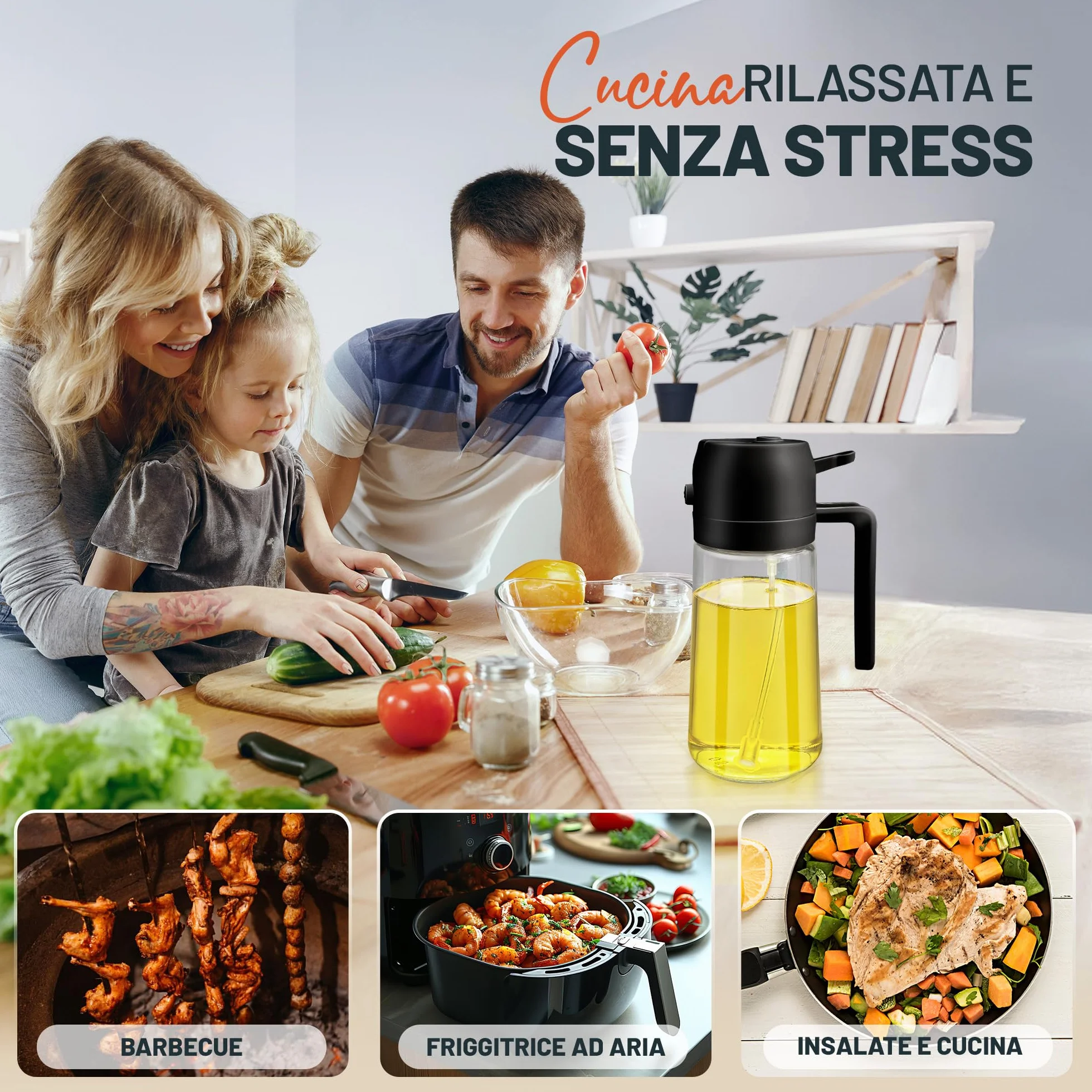 PORTENTUM Spruzzino Olio per Friggitrice Aria 500ml 2 in 1, Bottiglia e Oliera, Accessori Friggitrice Aria Nero