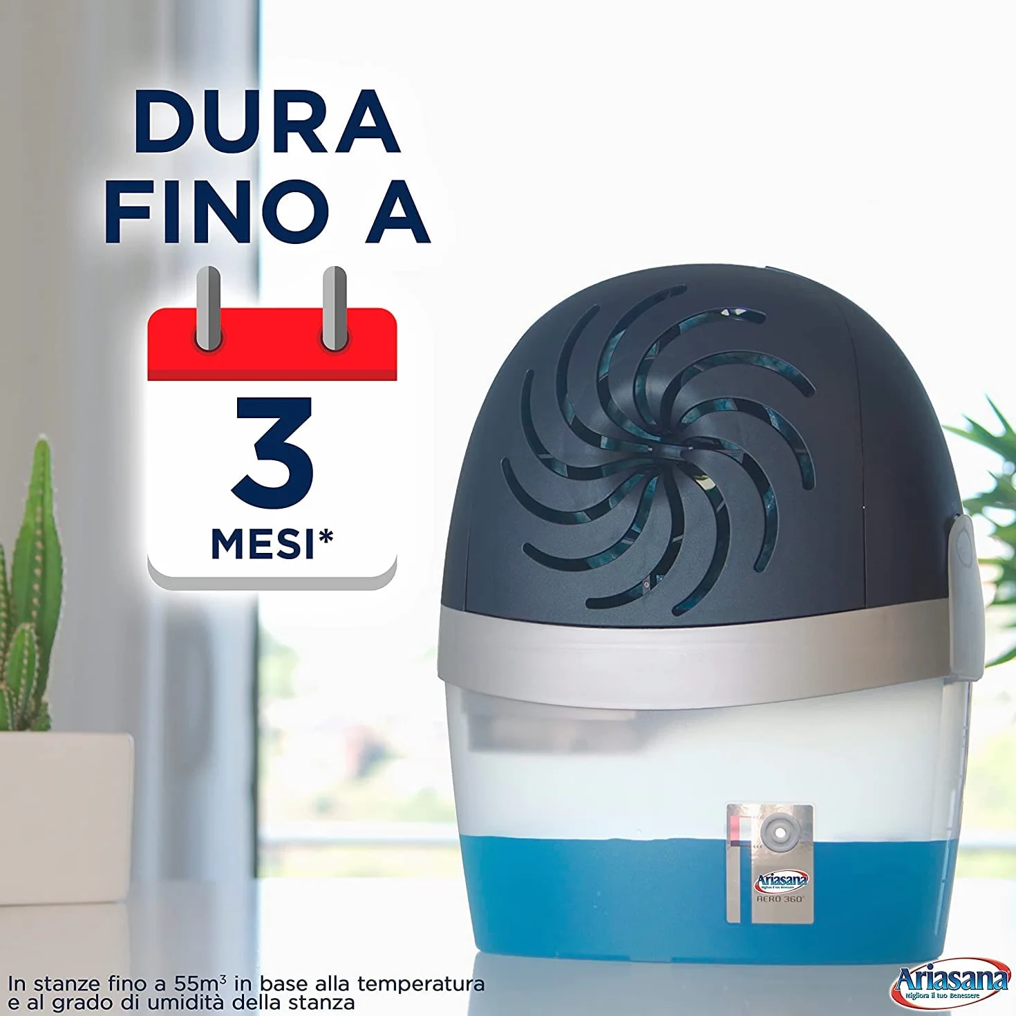 Ariasana Aero 360° kit assorbiumidità, deumidificatore ricaricabile non elettrico, assorbi umidità contro condensa e muffa, 1 dispositivo e 1 ricarica Tab lavanda da 450g