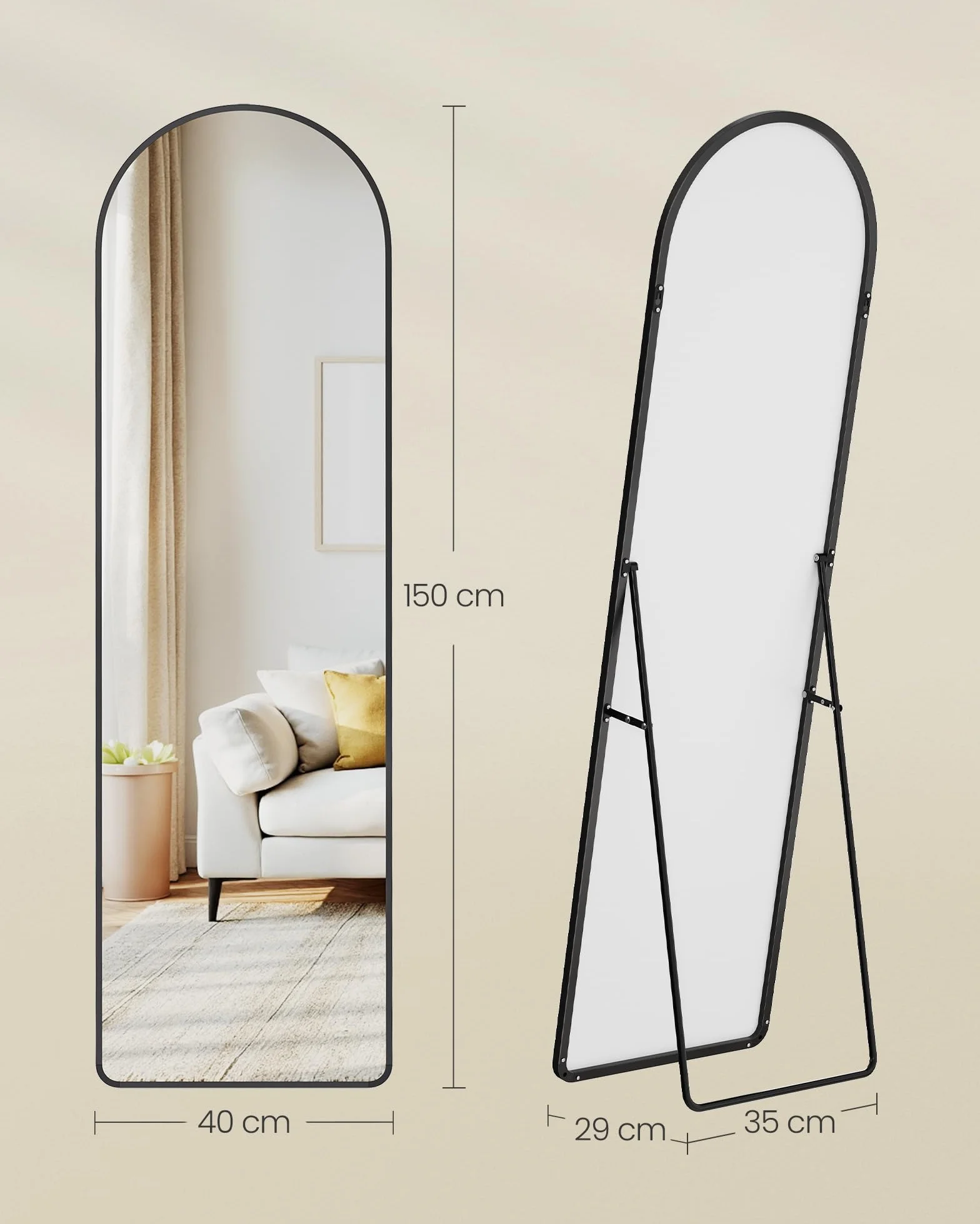 SONGMICS Specchio a Figura Intera, 150 x 40 cm, Specchio da Terra ad Arco con Supporto, Cornice in Lega di Alluminio, Vetro Temperato, Camera da Letto Soggiorno, Nero Inchiostro LFM055BD01