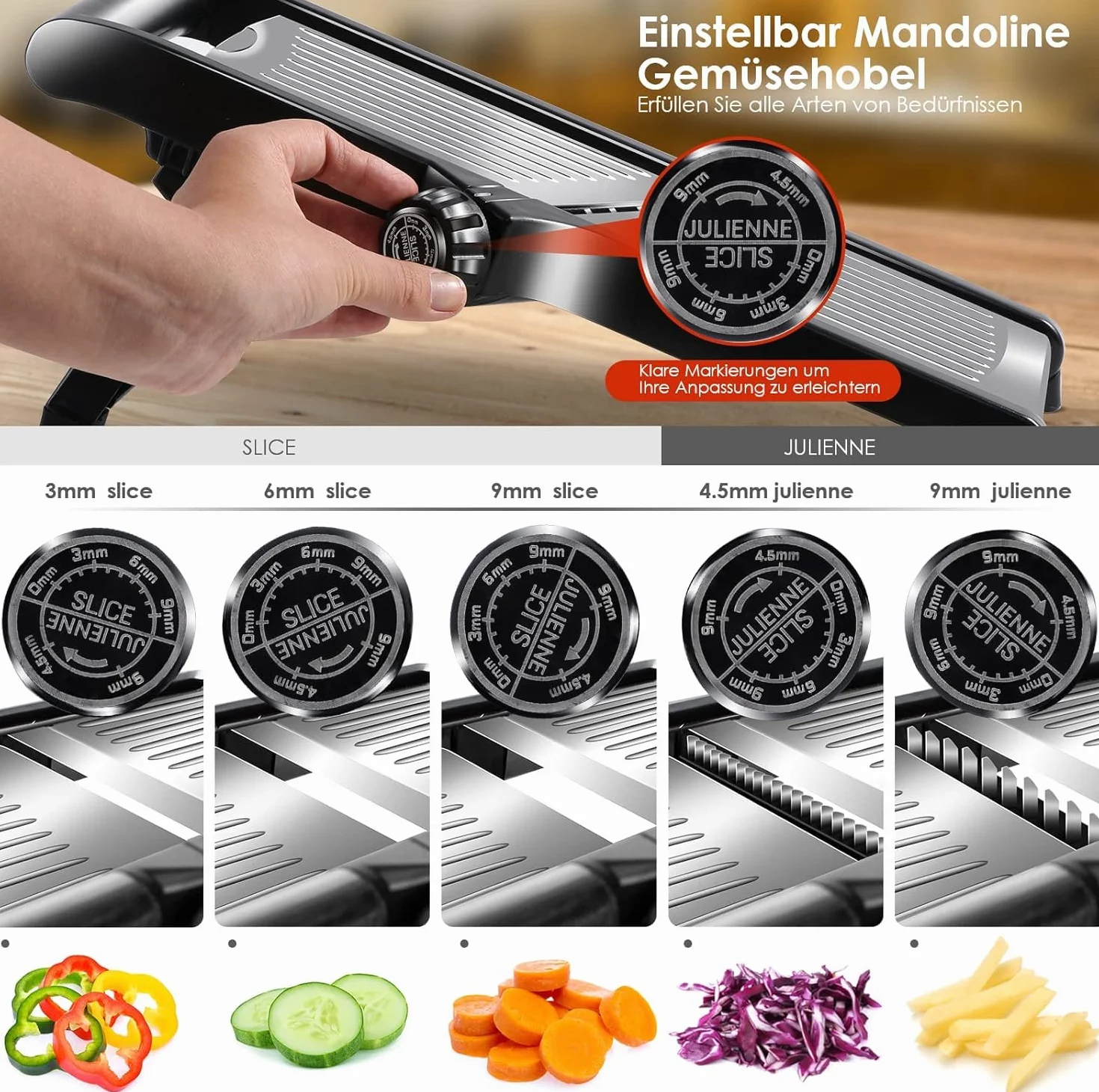 Meridiana Mandolina Professionale Regolabile in Acciaio Inox 1-9mm Affettatrice Julienne Taglia Verdure