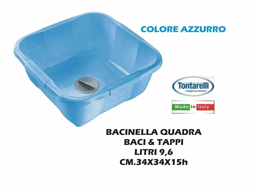 Tontarelli Baci & Tappi BACINELLA LT.9,6 CM.34X34X15h Azzurro - Acciaio Inossidabile - Lavello Quadrato Pop-Up - 2 Fori - Classico - Blu - 34x34x15 cm
